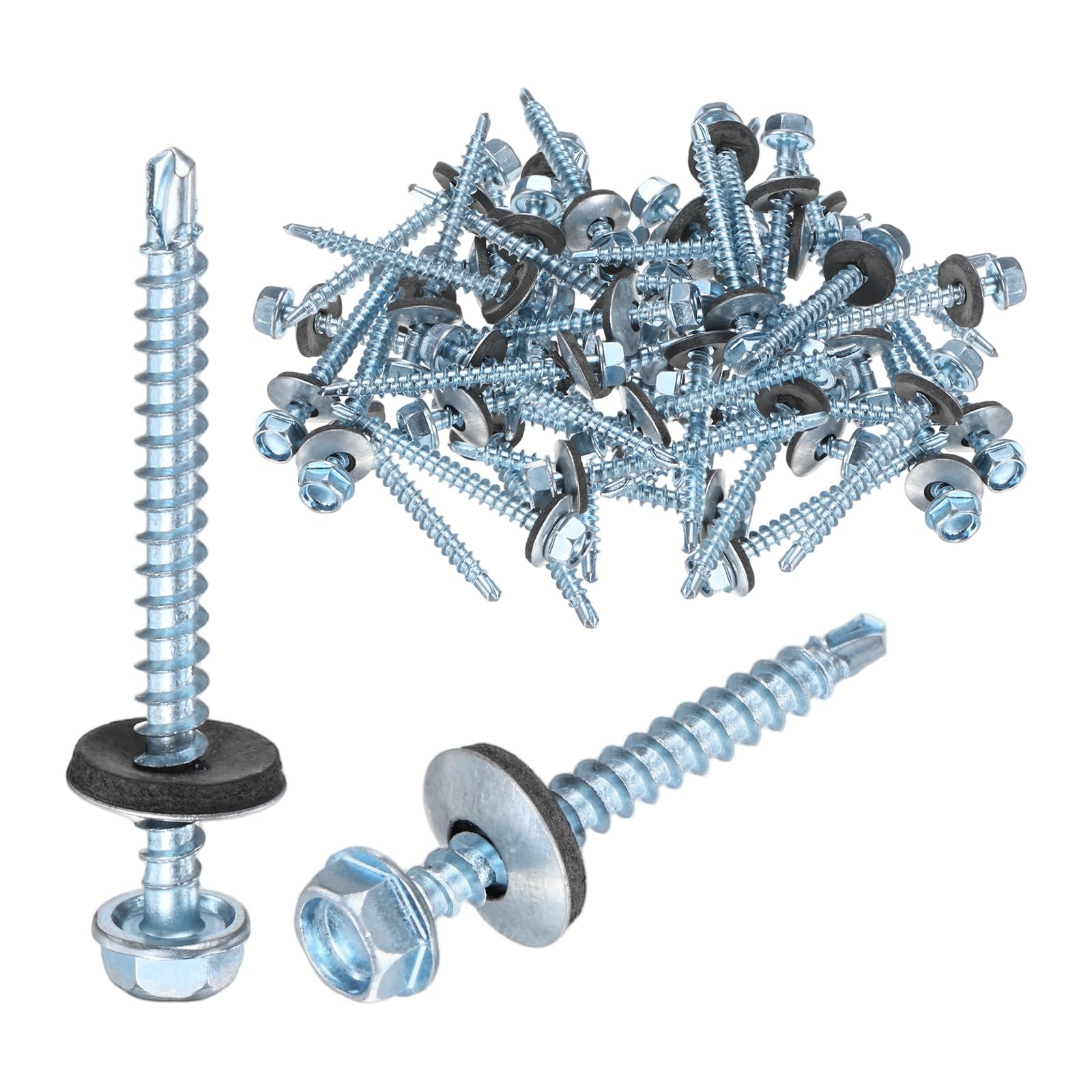 M METERXITY 50-Pack Self Drilling Screws with Rubber Washer ST4.8 x 50mm Zinc Plated Carbon Steel Hex Head Self-Tapping Screws for Metal Roofing/Siding Panels/Steel Structures