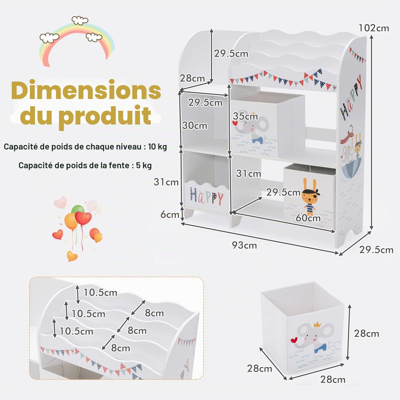HOMASIS Étagère pour enfant à 3 étages, sur pied, pour jouets, livres, organisateur de jouets, avec 5 compartiments et 2 boîtes de rangement (animaux pirates)