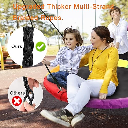 Miniatura 6 de Columpio de árbol de platillo de 40 pulgadas para niños, capacidad de peso de 500 libras, asiento de columpio de plataforma impermeable con cuerdas