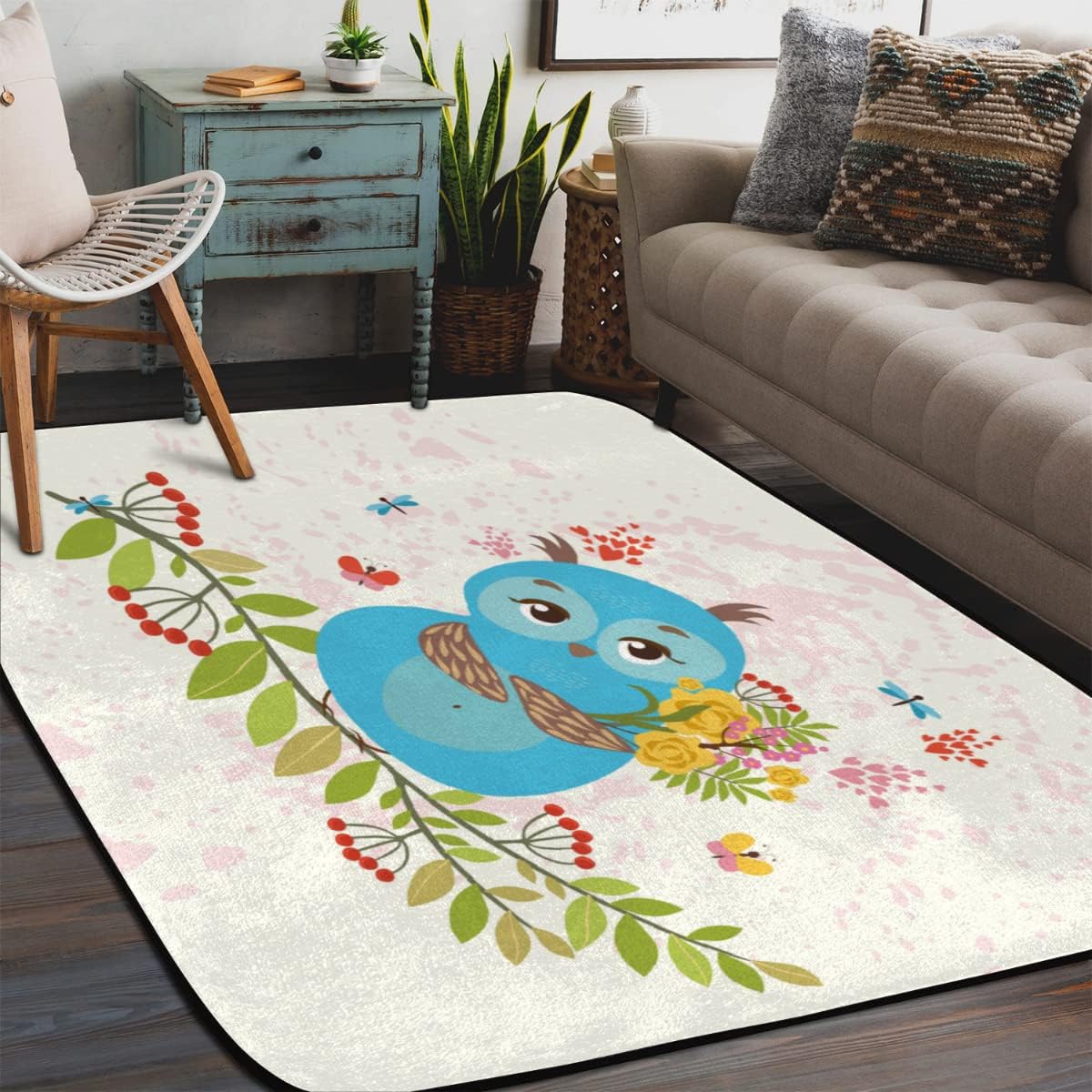 4 x 6 feet Cartoon Owl with Flowers Super Soft Area Rug for Kids Baby Nursery, Nursery Children Kids Girls Room Home Decorative, Machine Washable Super Soft Rug