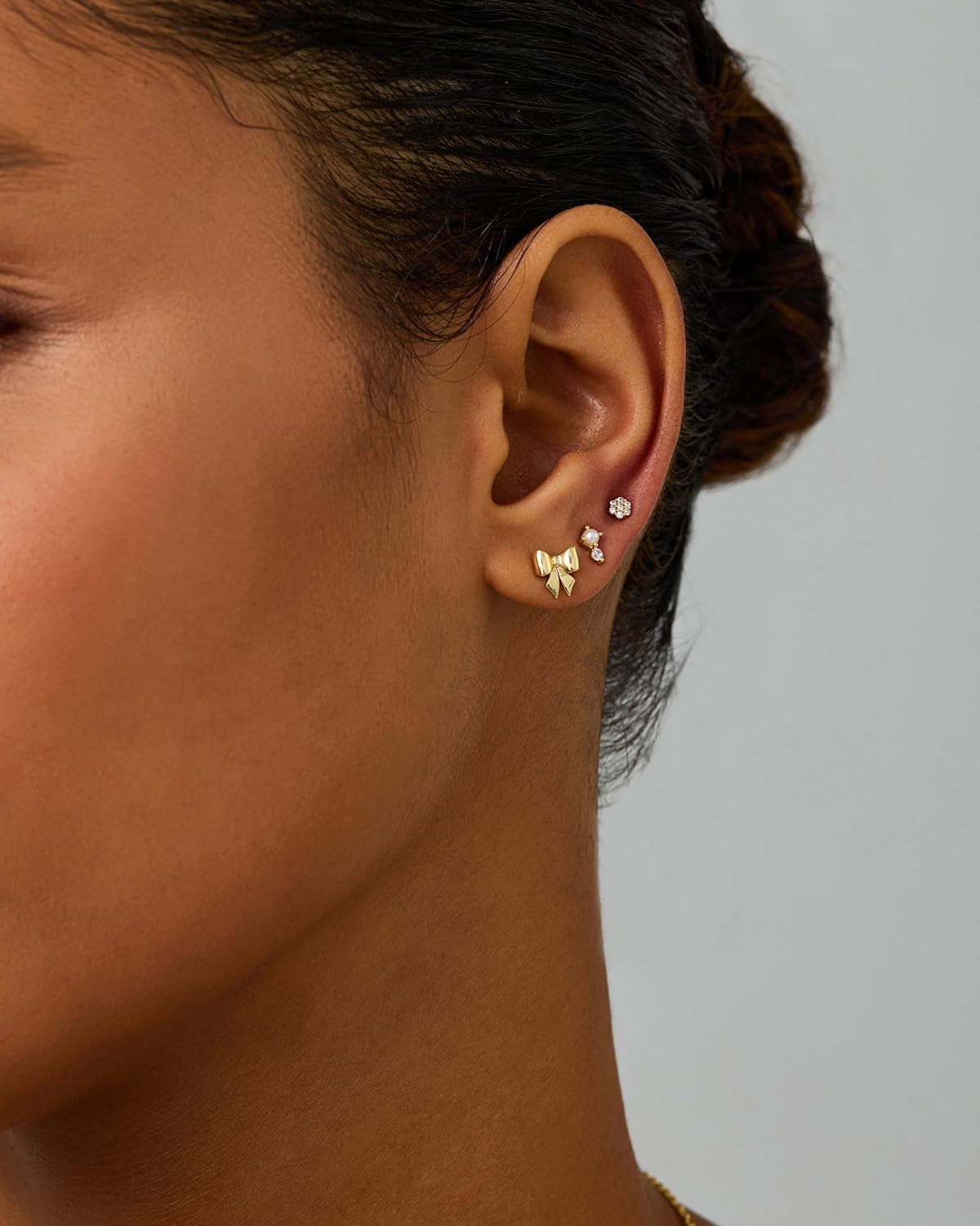 PAVOI 14K Gold Plated Dainty Flat Back Earrings for Women - Hypoallergenic Sterling Silver Posts Helix Cartilage Piercing Jewelry - Emoji Motif Bow Celestial Flatback Gold Stud Earrings Screw Back - Image 2