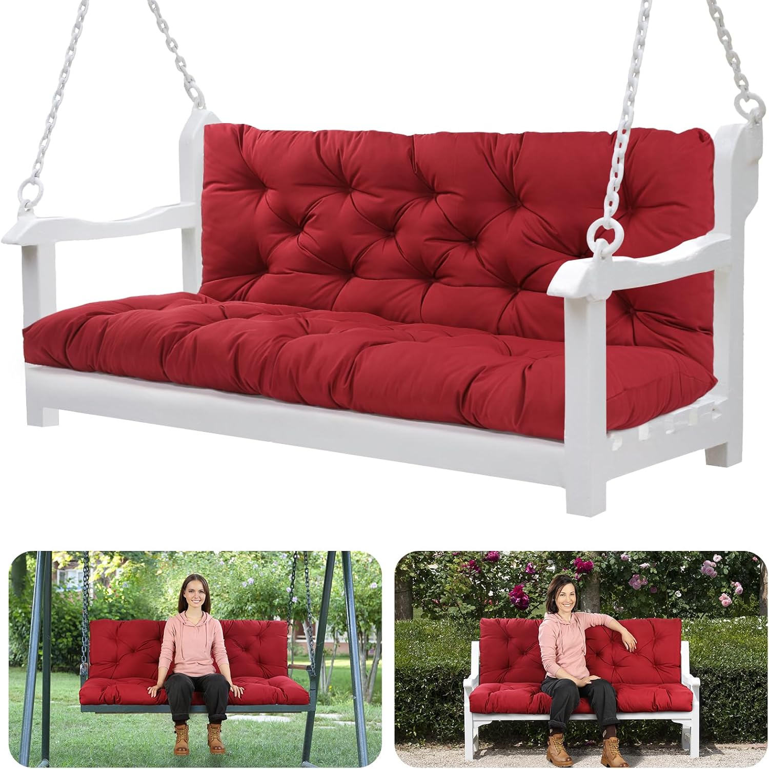 Porch Swing Cushions Waterproof Outdoor Swing Cushions Thicken 5" 3 Seater Bench Cushions Swing Replacement Seat Cushions with Backrest?for Outdoor Furniture Patio Lawn Garden (60x40x5 in) Wine Red