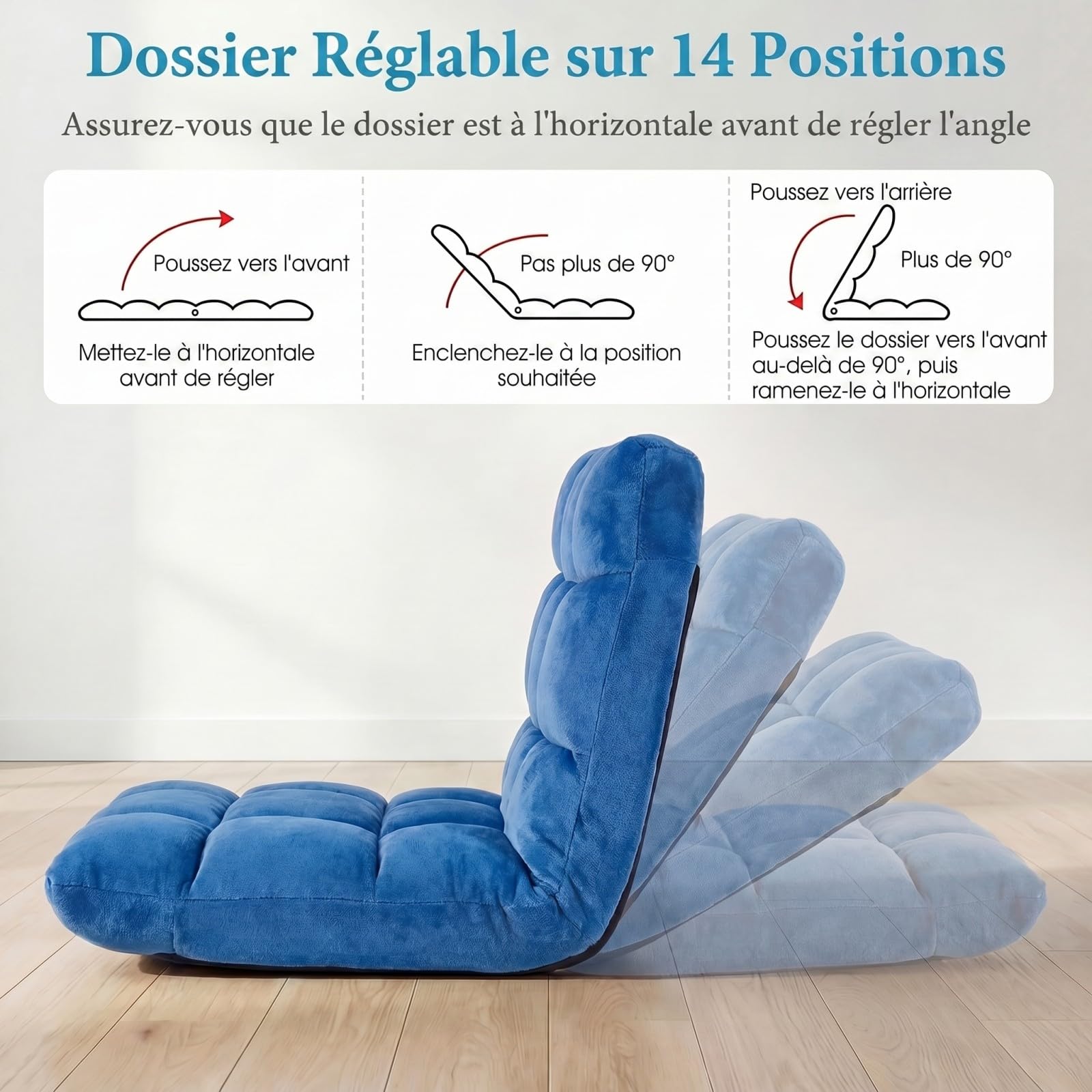 COSTWAY Canapé Paresseux Chaise de Sol, Fauteuil Convertible en Flanelle Dossier Réglable 14 Positions, Chaise de Méditation/Jeux Vidéo, pour Coin Lecture, Salon, Enfant/Adulte, Bleu