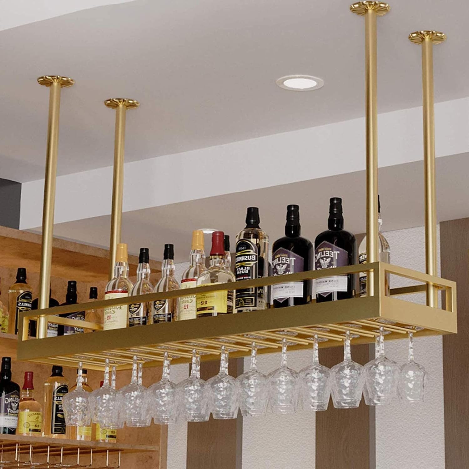 Ceiling Wine Glass Rack Hanging Floating Shelf with Iron Bottle Holder & Guardrail European Style Wall Mounted Wine Storage Ideal for Bar Kitchen Living Room Decor