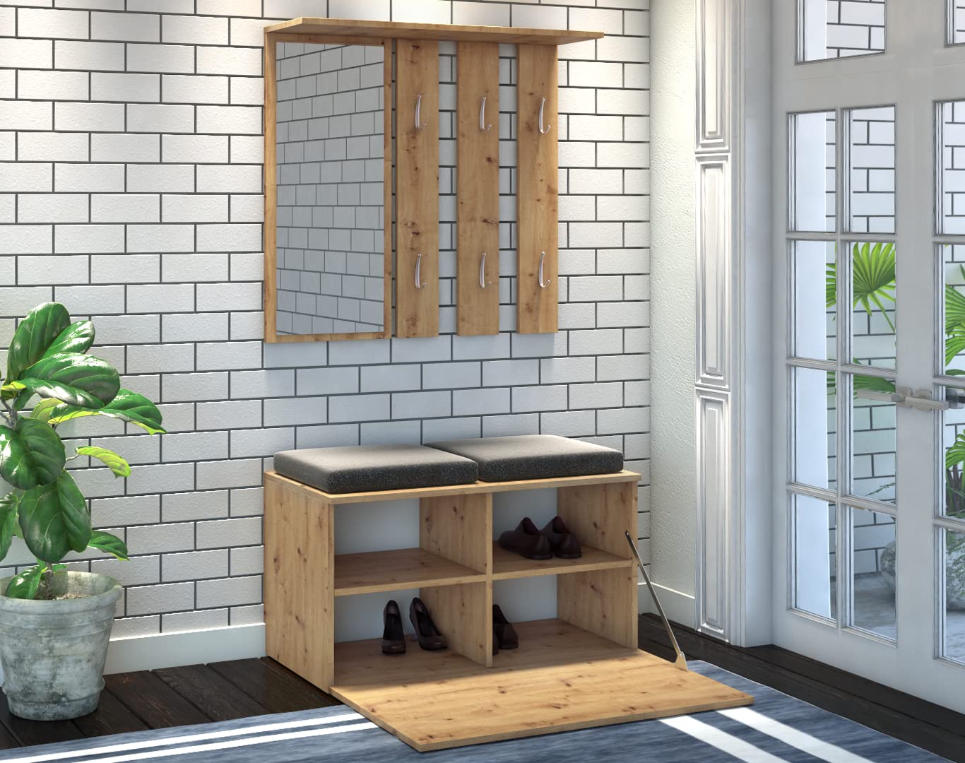 ADGO Ensemble de Meubles de Couloir 3 en 1, armoires, miroirs et cintres et Armoire à Chaussures, Garde-Robe compacte pour Votre entrée - chêne Artisanal - Livraison en 2 Paquets