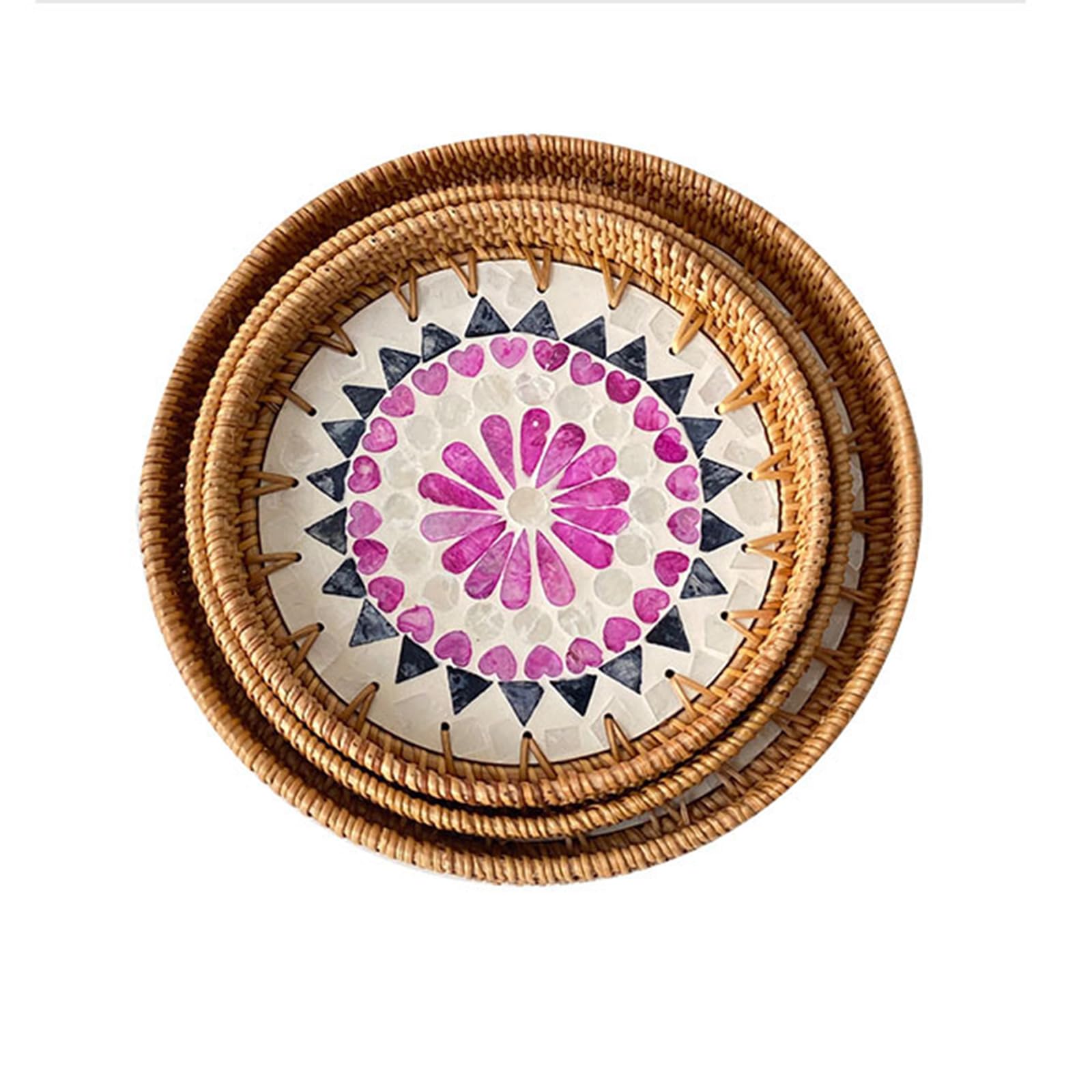 RUDHSJNJK 3 Packs Round Rattan Tray with Mother of Pearl Inlay Decorative Woven Serving Tray for Bread Fruit Food Coffee Breakfast,3