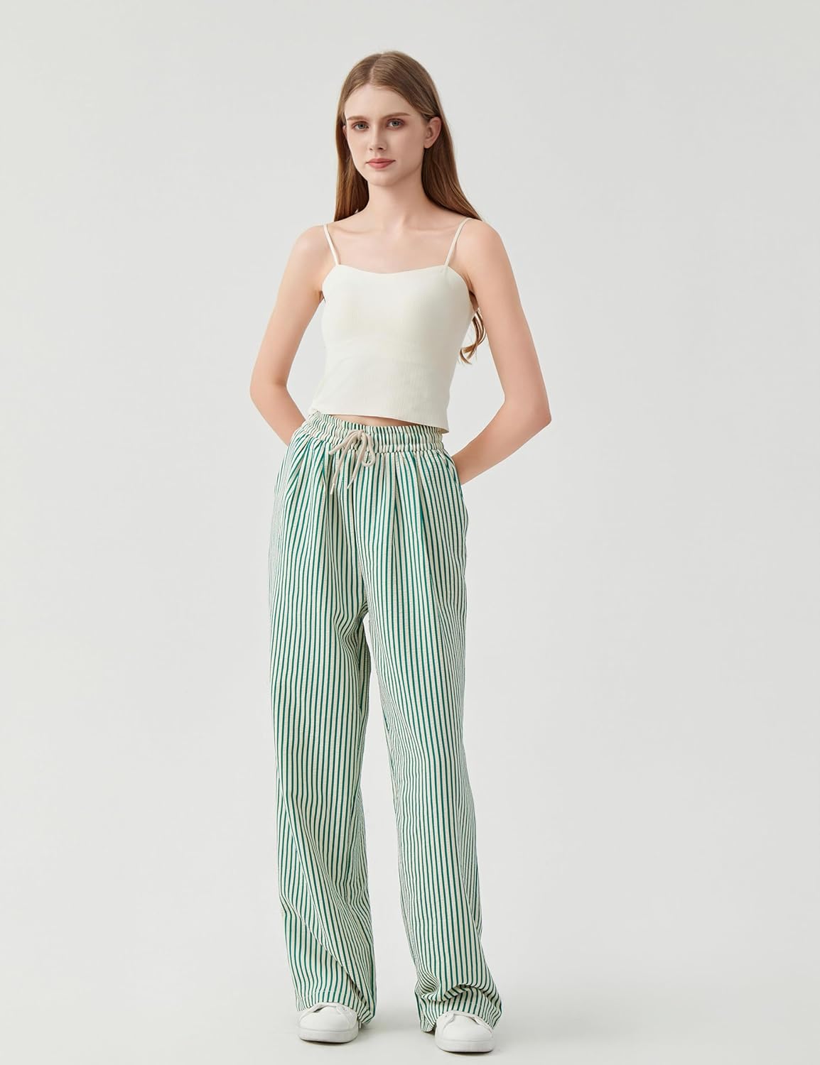 Women's Casual Striped Wide Leg Pants Y2k Drawstring Elastic High Waisted Trousers Loose Lounge Palazzo Pants - Image 3