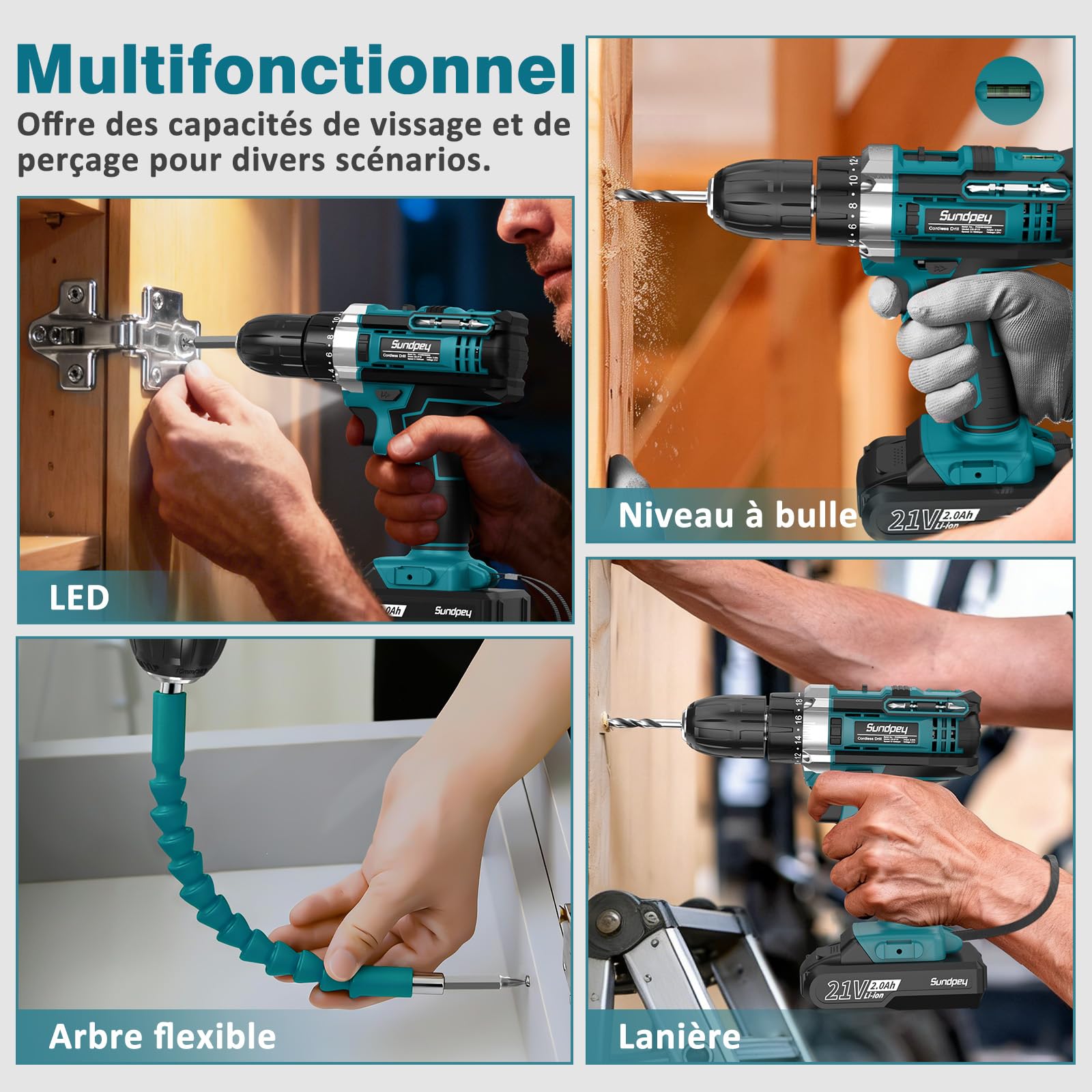 Sundpey Visseuse Devisseuse Sans Fil 21V - Perceuse Visseuse Sans Fil avec 2 Batteries 2,0Ah, 1500RPM 45Nm Max Visseuse Electrique, 2 Vitesses, 18+1 Réglages de Couple, LED, pour Bricolage à Domicile