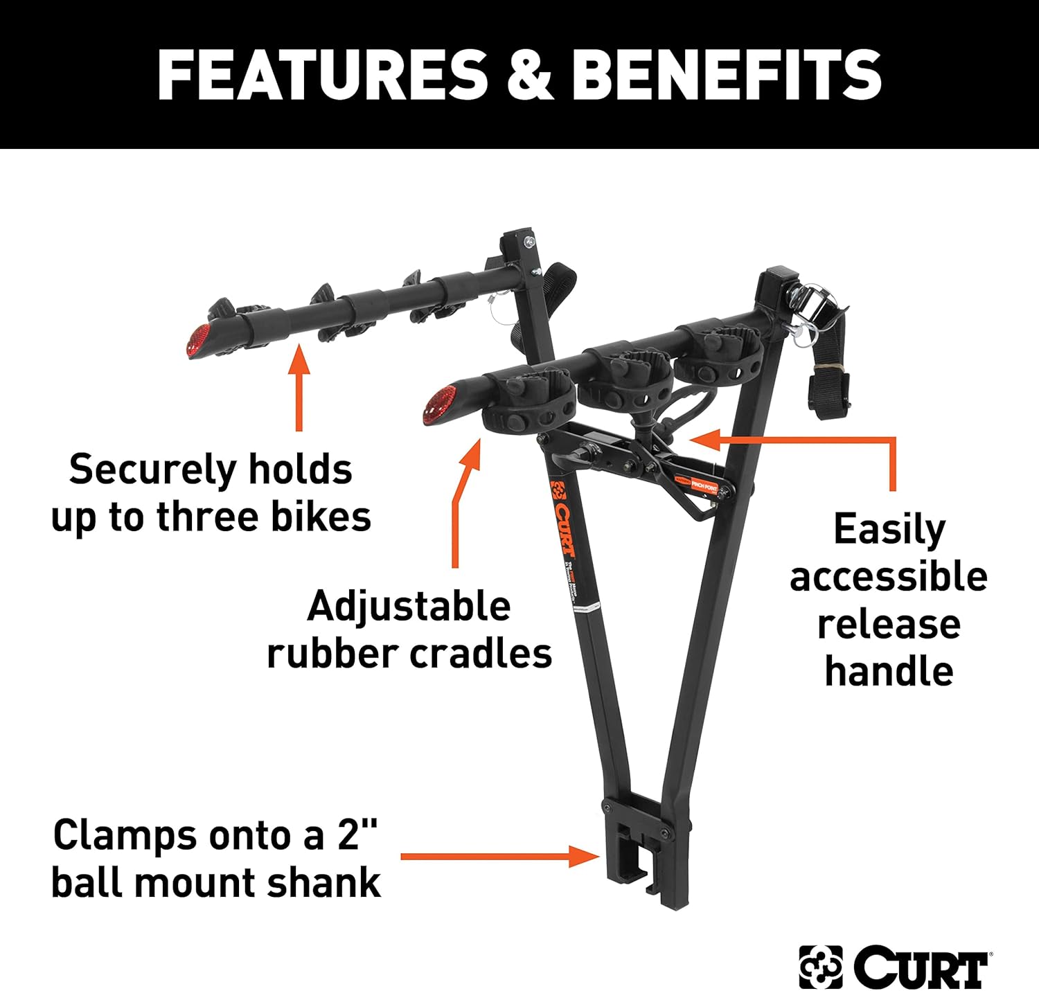 CURT 18013 Clamp On Hitch Bike Rack Mount for 3 Bikes, Fits 2 x 2 Ball Mount Shank, 135 lb Capacity, Support Strap Required, Ball Mount Not Included, Powder Coated Steel, Reflectors