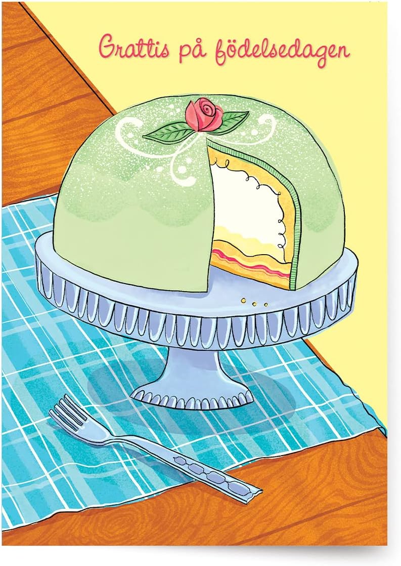Designer GreetingsSwedish Language Happy Birthday Cards, “Grattis på födelsedagen” Swedish Princess Cake Design (6 Cards with Envelopes / 6 Kort med kuvert)