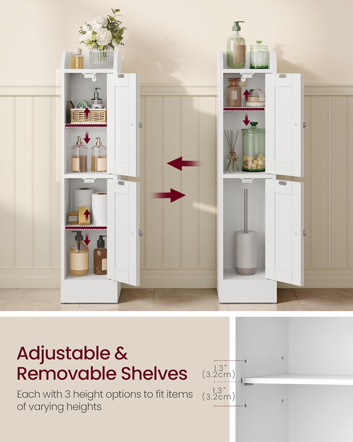 VASAGLE Siren Collection - Slim Storage Cabinet with Reversible Doors, Small Storage Corner Floor Cabinet, Narrow Orgnizer, Adjustable Shelves, Farmhouse, Cloud White UBBK312WB01S