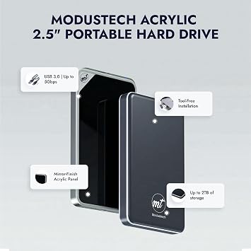 ModusTech 1TB Acrylic Portable External Hard Drive USB-C/USB 3.1 — Mirror-Finish High Speed HDD, UASP, Compatible with PC, Mac, Laptop, PS4, Xbox, iPhone, Smart TV (BLACK)