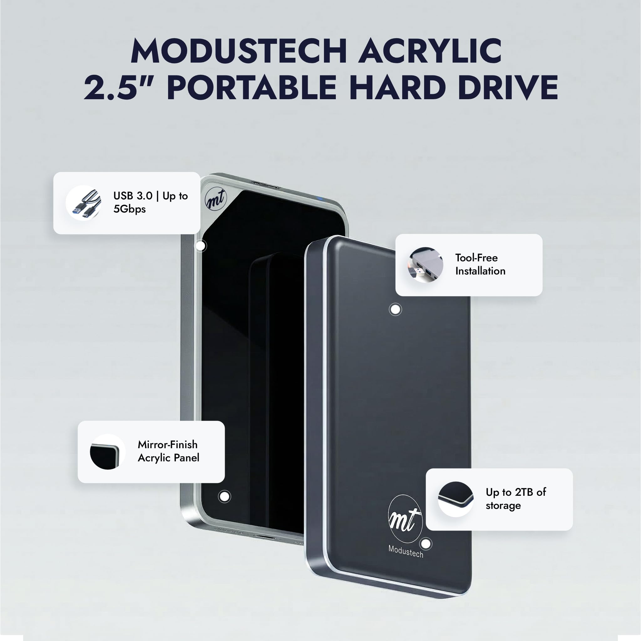 ModusTech Disco rigido esterno portatile in acrilico da 500 GB, USB-C/USB 3.1, con finitura a specchio, UASP, compatibile con PC, Mac, laptop, PS4, Xbox, iPhone, Smart TV (nero)