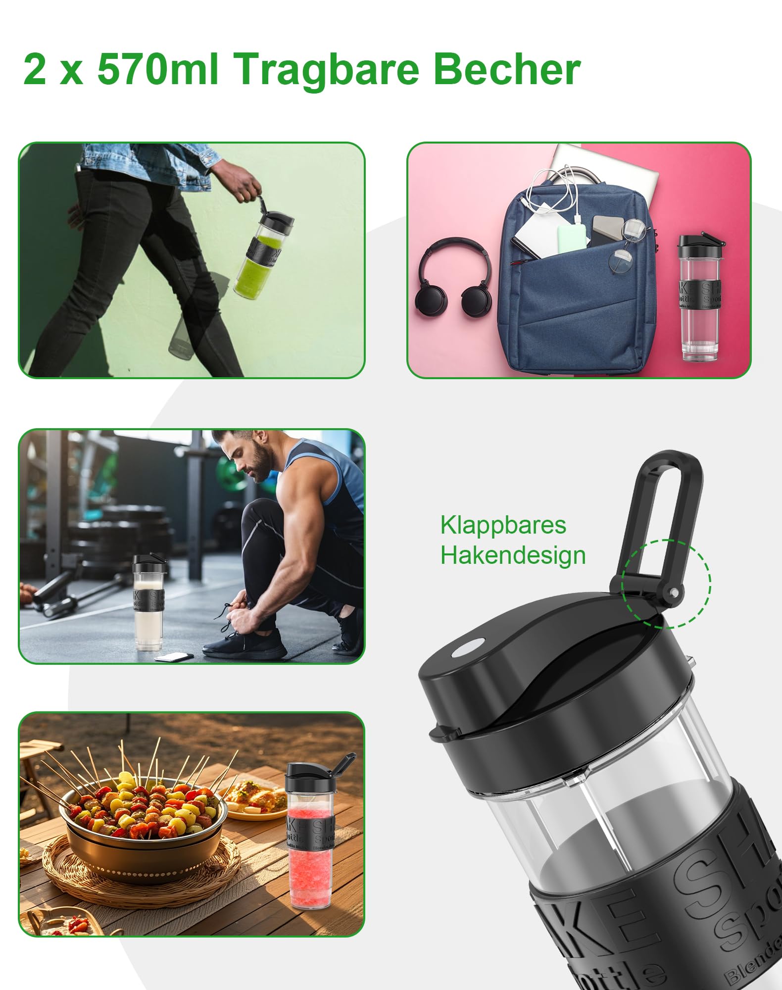 Mixer, Smoothie Maker, 500W Mini Standmixer mit 2x570ml Tritan BPA Freier Flasche, Tragbarer Edelstahl Blender, Geräuscharm, Leicht zu Reinigen 4-Klingen-System,für Jede Art von Shake und Smoothie
