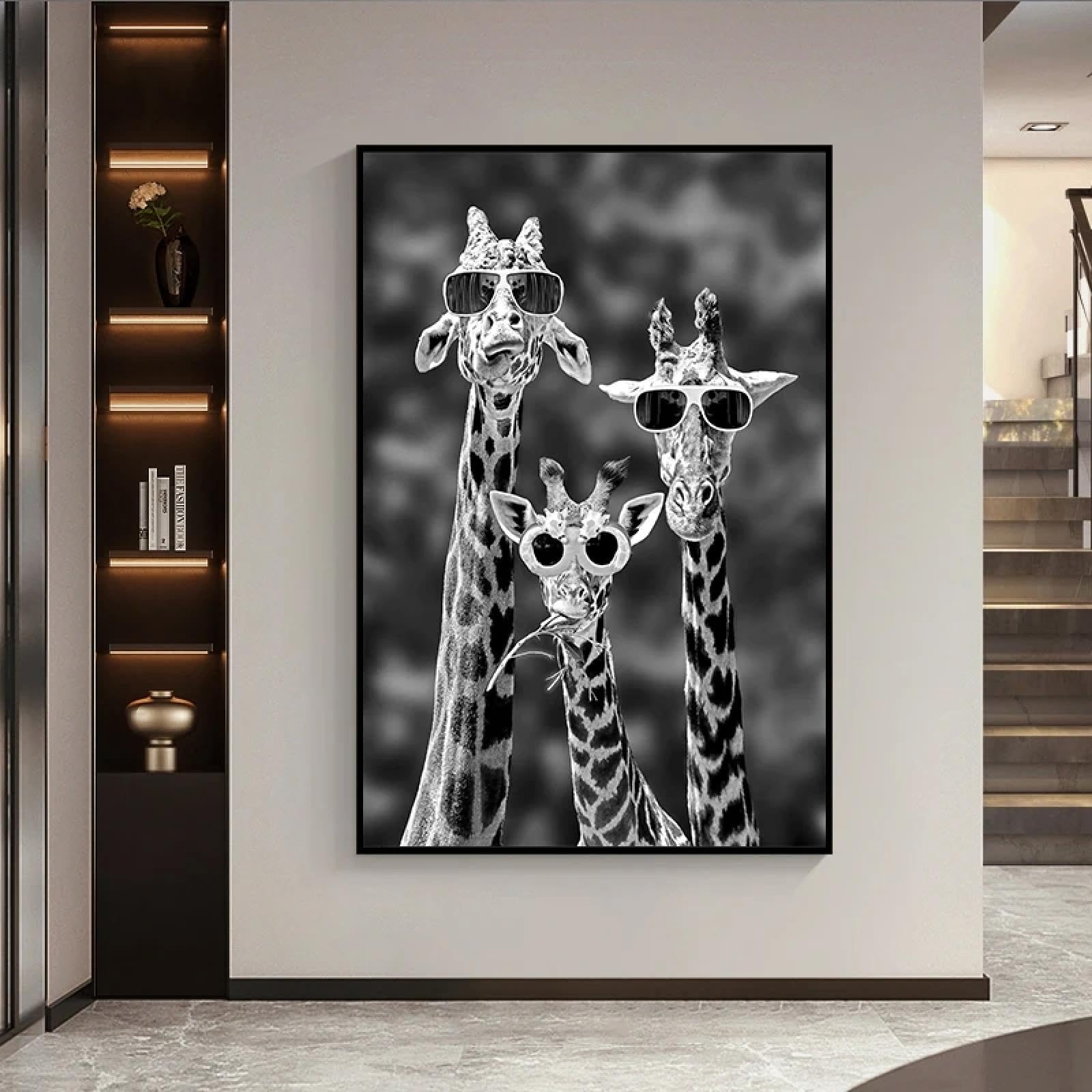 LSYALUCK Black And White Giraffes With Sunglasses Family Funny Art Posters And Prints Animals Canvas Paintings on the Wall Art Decor 70x90cm(28x35in) Frameless