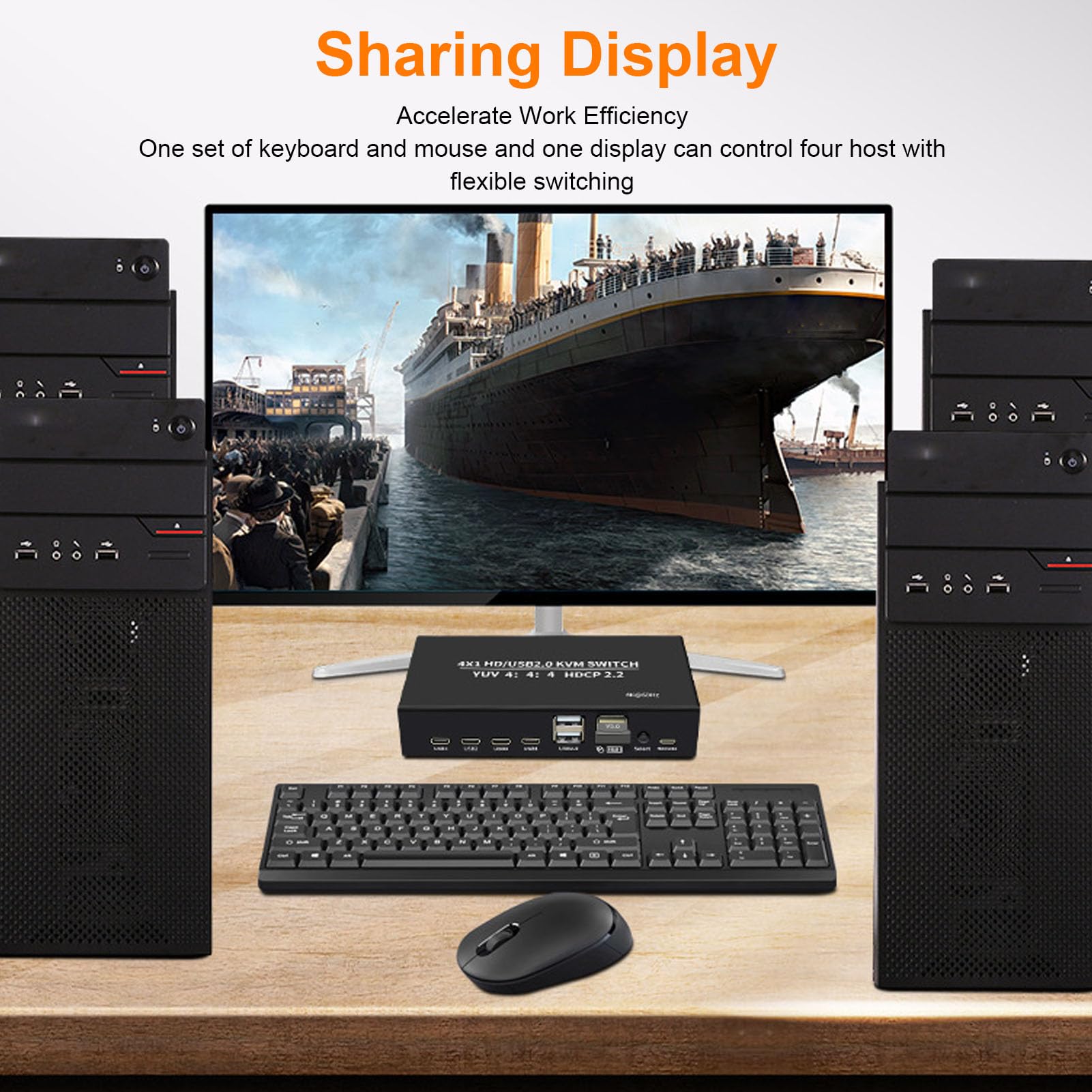 Sxhlseller Przełącznik KVM 4K 60 Hz HDMI do 4 Komputerów, 2 Tryby Przełączania, Adaptacyjny EDID, 4 Porty i Kable USB Typu C, Udostępnianie Jednego Monitora, Klawiatury i Myszy, Drukarki