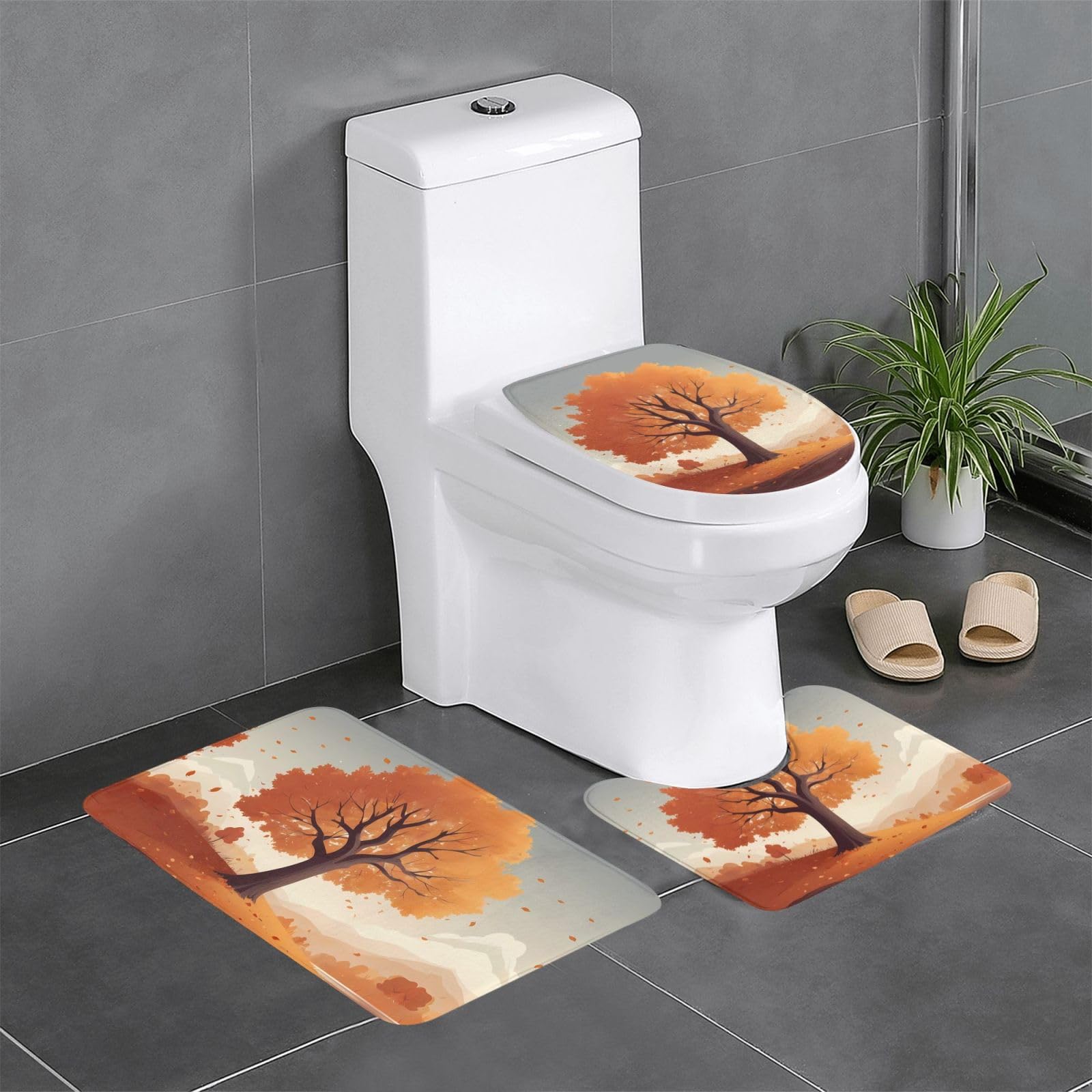 Tapis de salle de bain antidérapants lot de 3 motif arbre automne pour toilettes