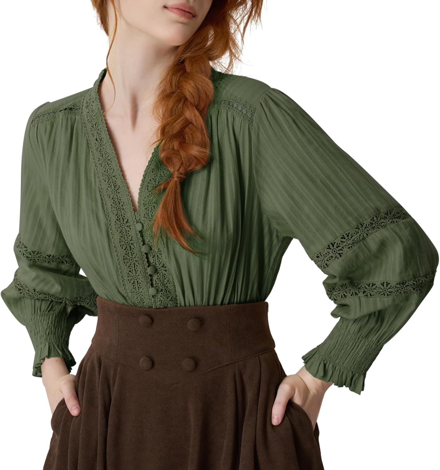 YESSA Women Renaissance Shirt,Peasant Blouse V Neck Pirate Peasant Sleeve Dressy Top,Ren Faire Costumes