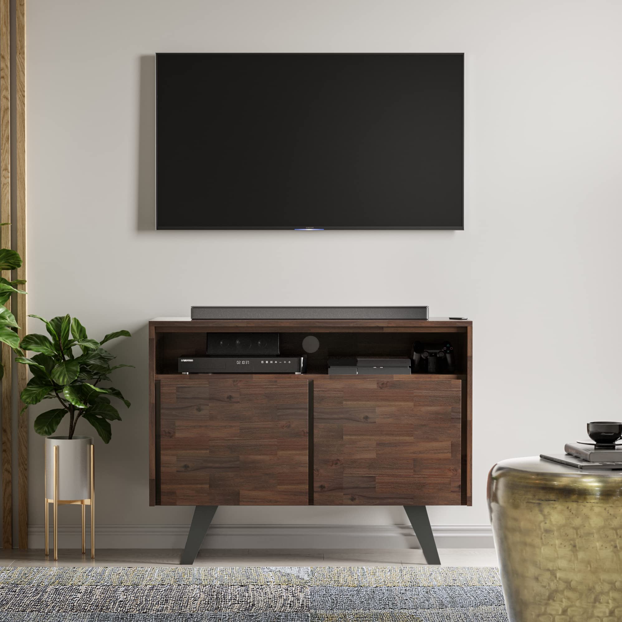 SIMPLIHOME Lowry SOLID ACACIA WOOD 42 Inch Wide Modern Industrial TV Media Stand in Distressed Charcoal Brown for TVs up to 43 Inches, For the Living Room and Entertainment Center