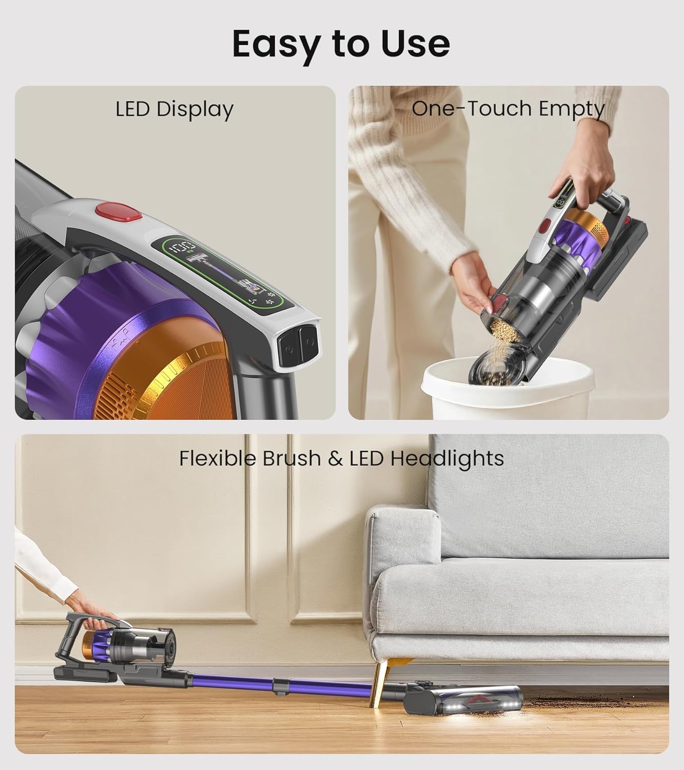 NADALY Cordless Vacuum Cleaner, 55KPa 650W 70-Min Vacuum Cleaners for Home, Anti-Tangle Brush, 1.8L Capacity, Lightweight Stick Vacuum Cleaner Pet Hair Hardwood Floors Carpet