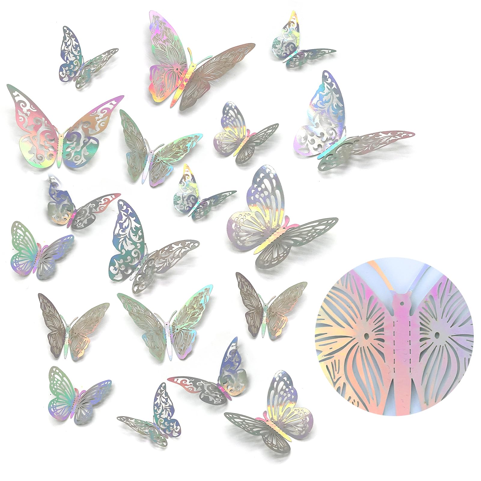 48 piezas 3D pegatinas de mariposa color plata con efecto láser degradado, PVC, 4 estilos y 3 tamaños diferentes, pegatinas decorativas para decoración de pared, globos de flores