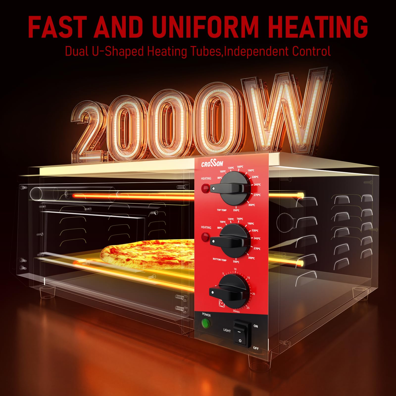 CROSSON Forno Elettrico per Pizza 16 Pollici,Forno Pizza Elettrico Professionale in Acciaio Inox 230V/2000W con Pietra e Maniglia,per Interni Ristorante Cottura Casa Cucina