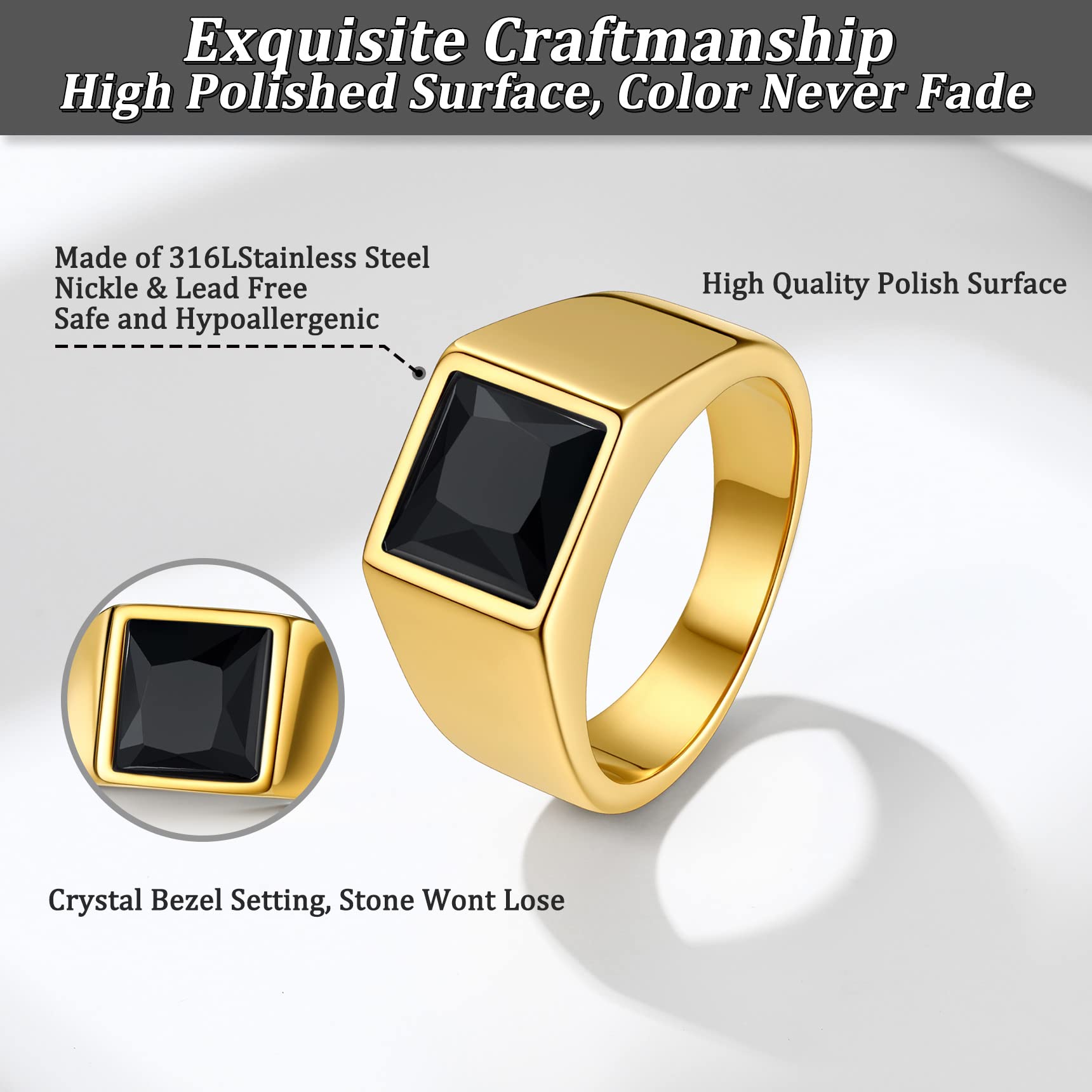 Anillo de sello de acero inoxidable para hombre, anillo de banda de piedras preciosas negras/azul, anillo clásico simple y grueso para hombre, tamaño 7-14, Acero inoxidable Oro 5
