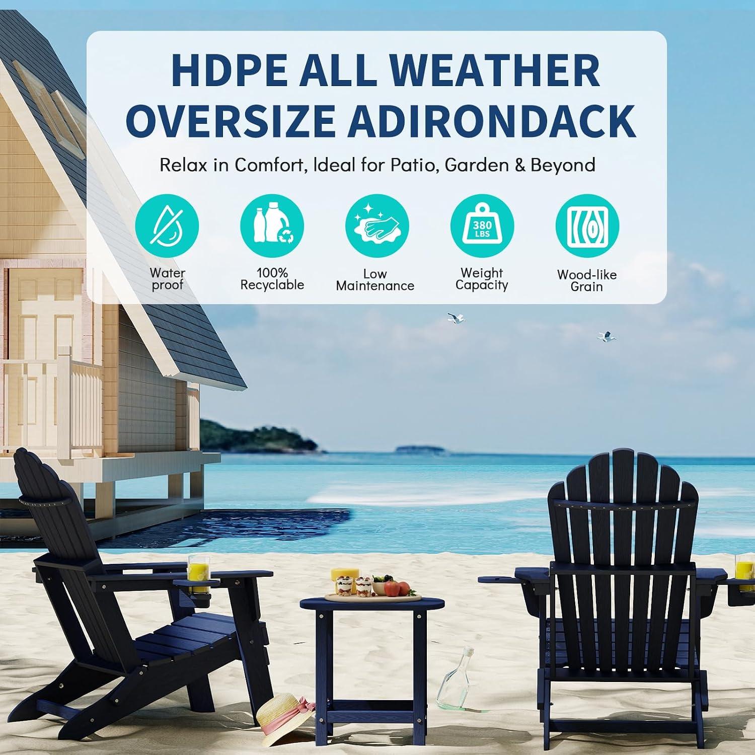 Oversized Folding Adirondack Chair, HDPE All-Weather Patio Chair with 2 Cup Holders, High Back Wide Seat Fire Pit Chair for Outdoor Lawn Garden, NavyBlue image 5