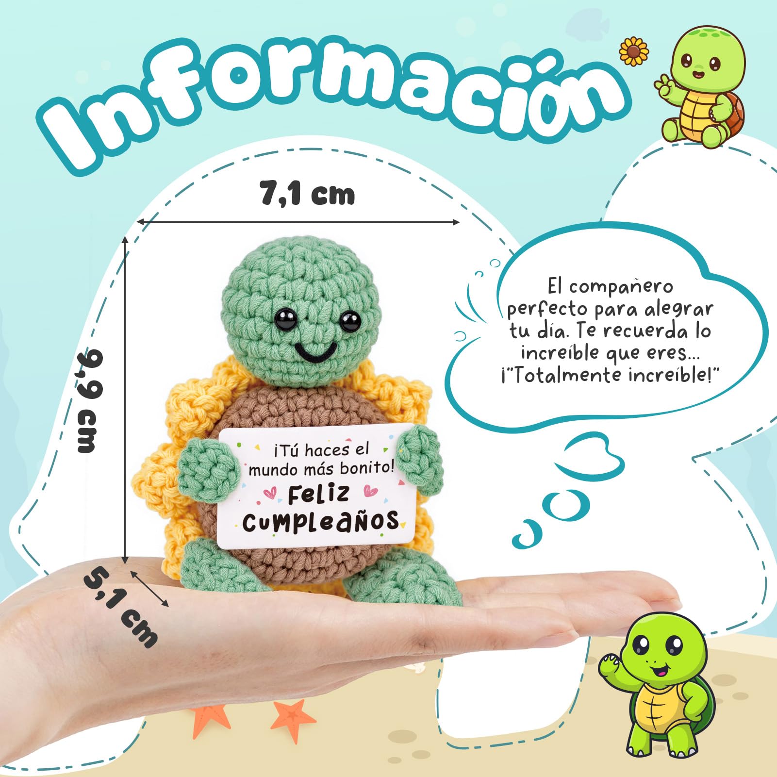CheriGift Tortuga Girasol Positiva Regalo Cumpleaños Mujer Hecha a Mano 7x5x10 cm