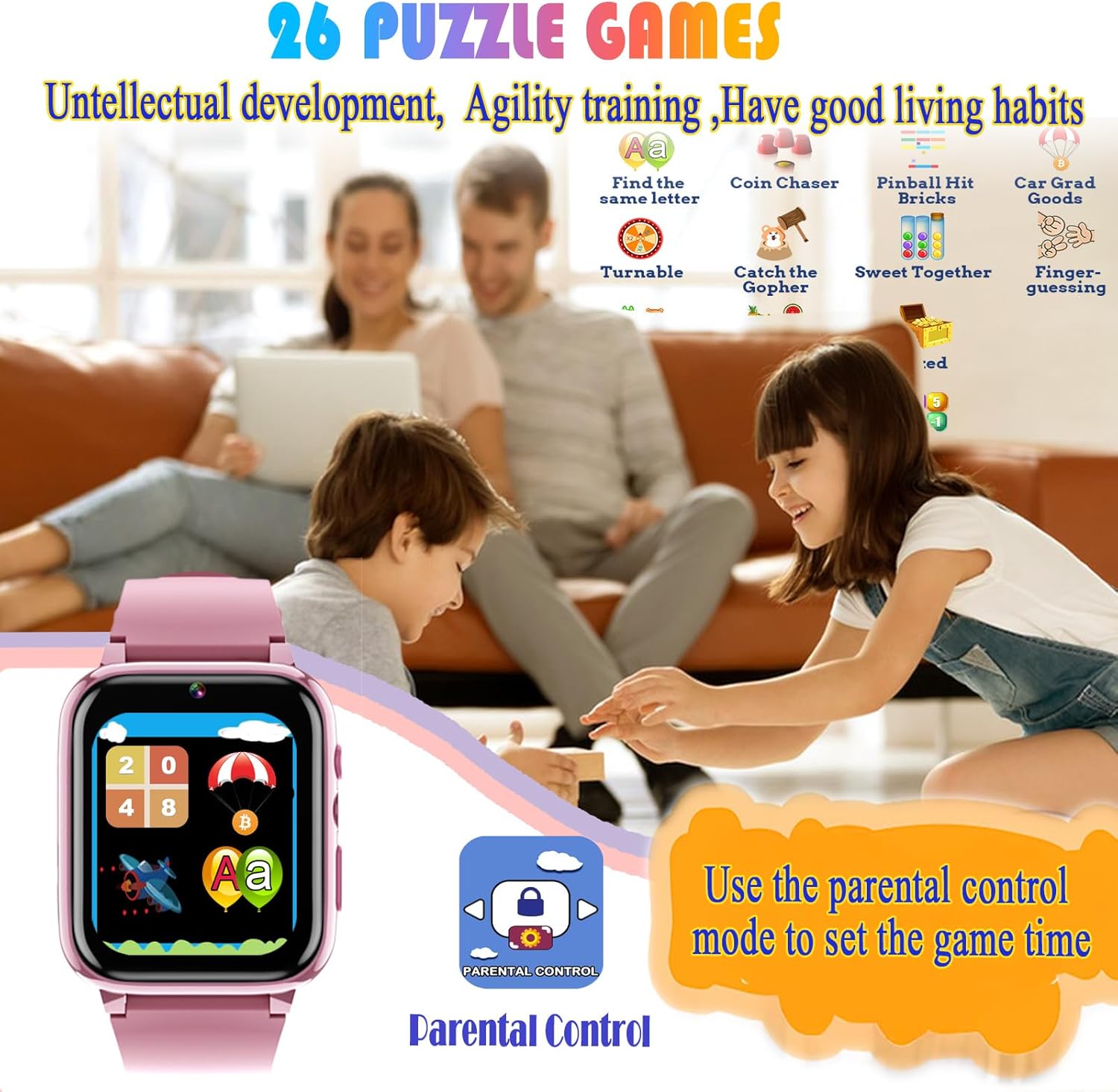 Goodatech 1.69'' Kids Smart Watch for Boys and Girls, HD Camera, 26 Puzzle Games, Video Music Player, Pedometer, Flashlight, Alarm Clock, Christmas Birthday Gifts for 4-12 Years Children (Pink)