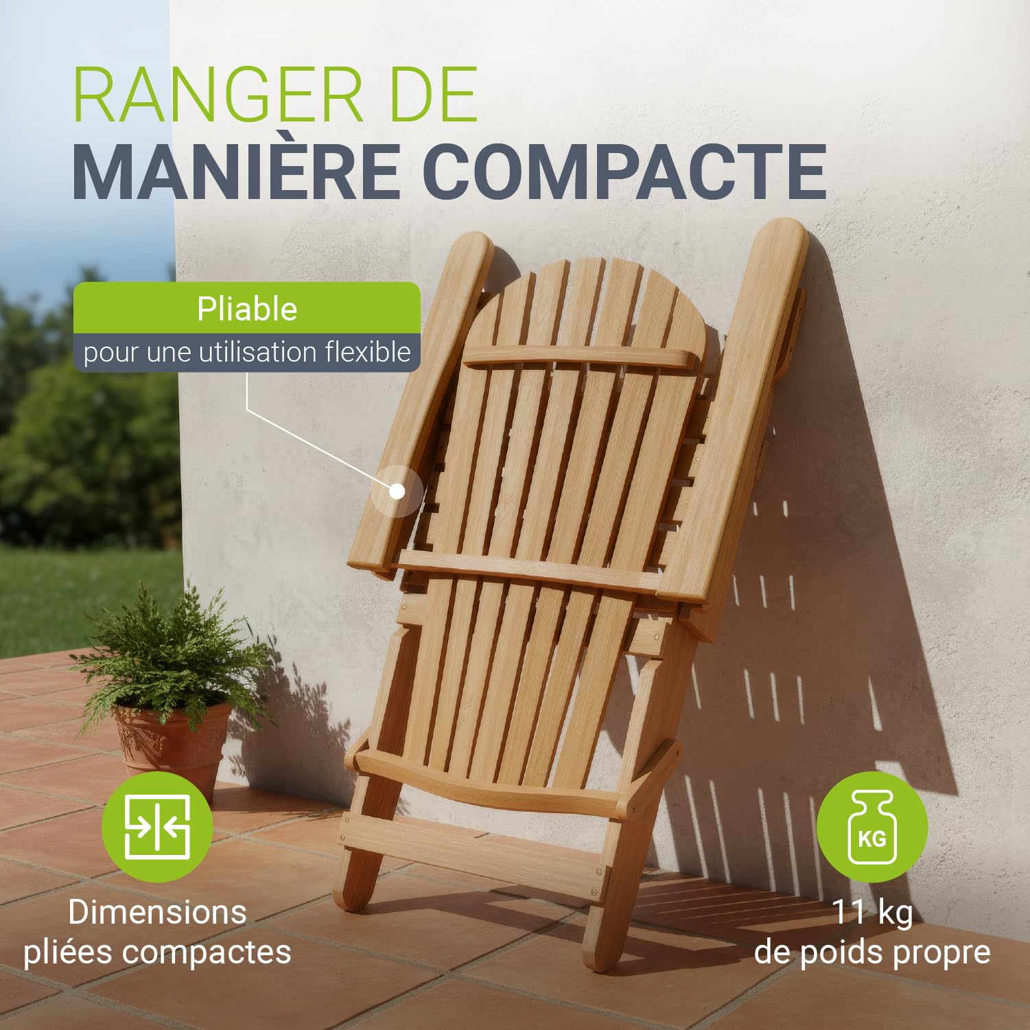Juskys® Korfu transat Bois Massif Pliable Balcon terrasse résistant intempéries Design Compact 1 pièce