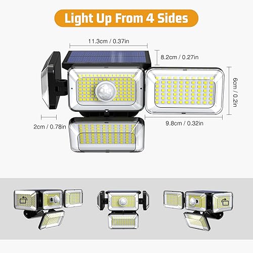 Miniatura 7 de Luces solares para exteriores, 308 luces LED con sensor de movimiento IP65, impermeables, 4 cabezales, luces solares de pared para jardín exterior,