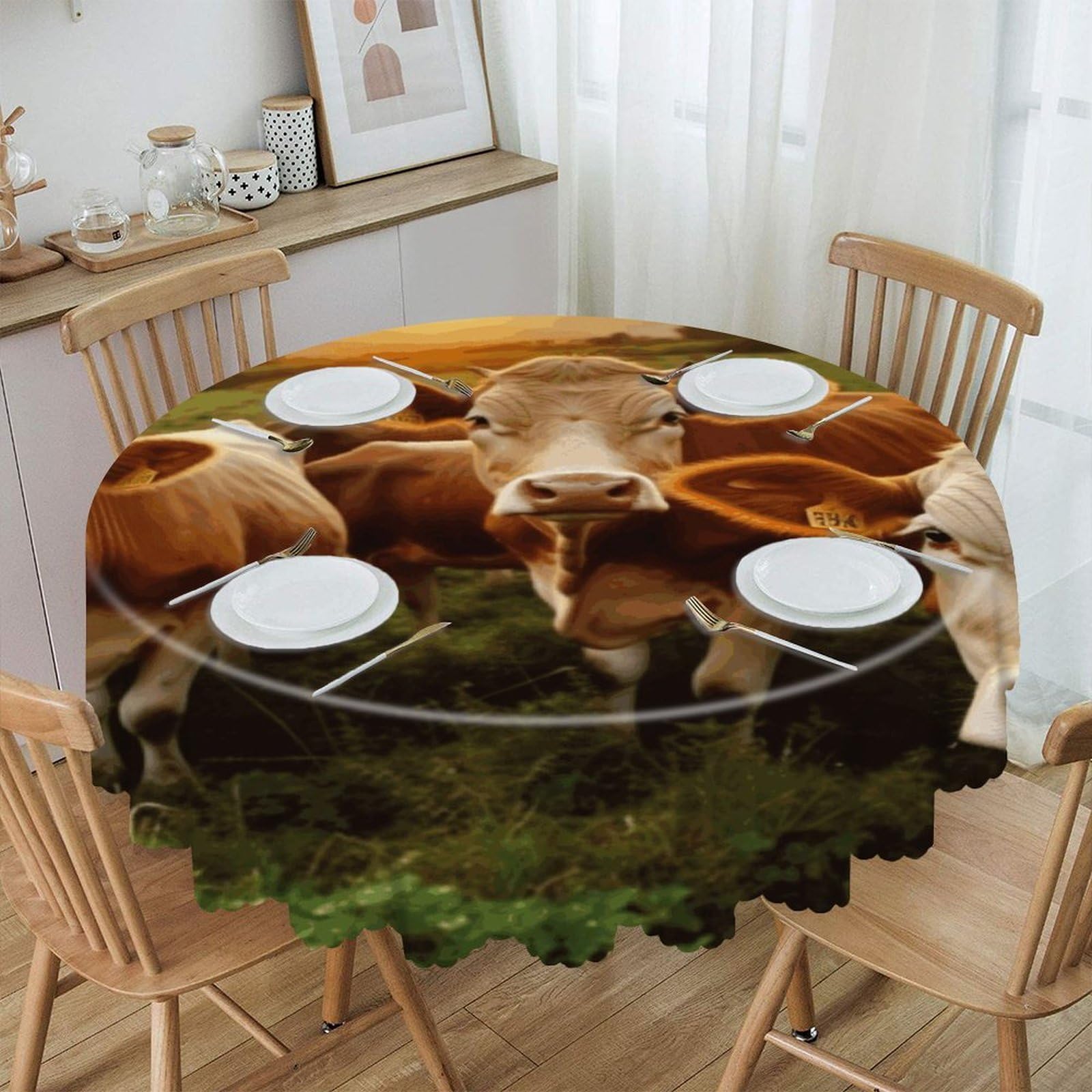 VstaDank Animal Cows Round Tablecloth 60 Inch Easy to Clean Circle Table Cover Thick Decorative Round Polyester Table Cloth for Dining Kitchen Party Farmhouse Outdoor