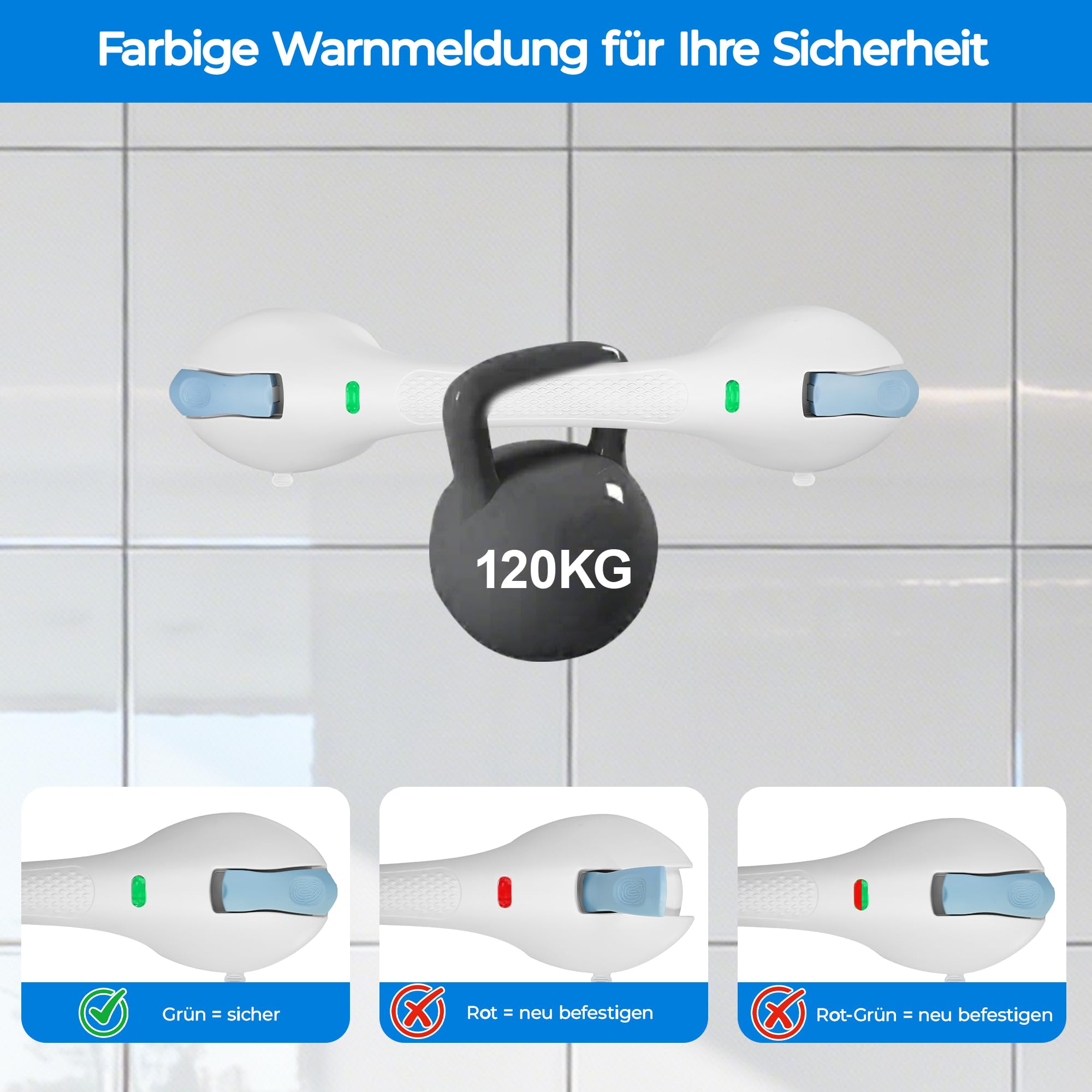 INNOVATIVER Haltegriff Dusche ohne Bohren – Rutschfeste Aufstehhilfe bis 120 kg – 44 cm Duschgriff mit Saugnapf – Stabiler Haltegriff für Bad & Dusche – Badewannengriff ideal für Senioren