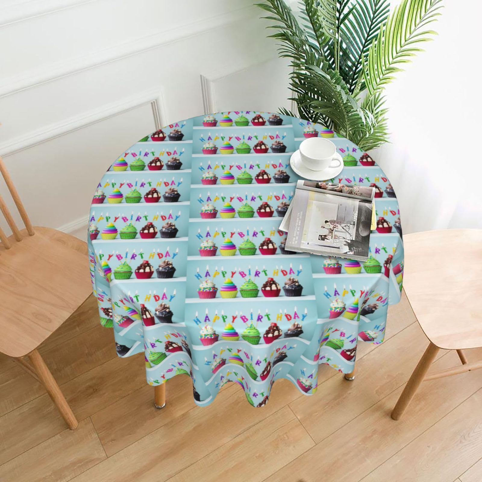 Zcmkjlg Colorful Happy Birthday Cupcakes Print Quick Ship Round Tablecloth 60in Polyester Washable Cover for Dining Room