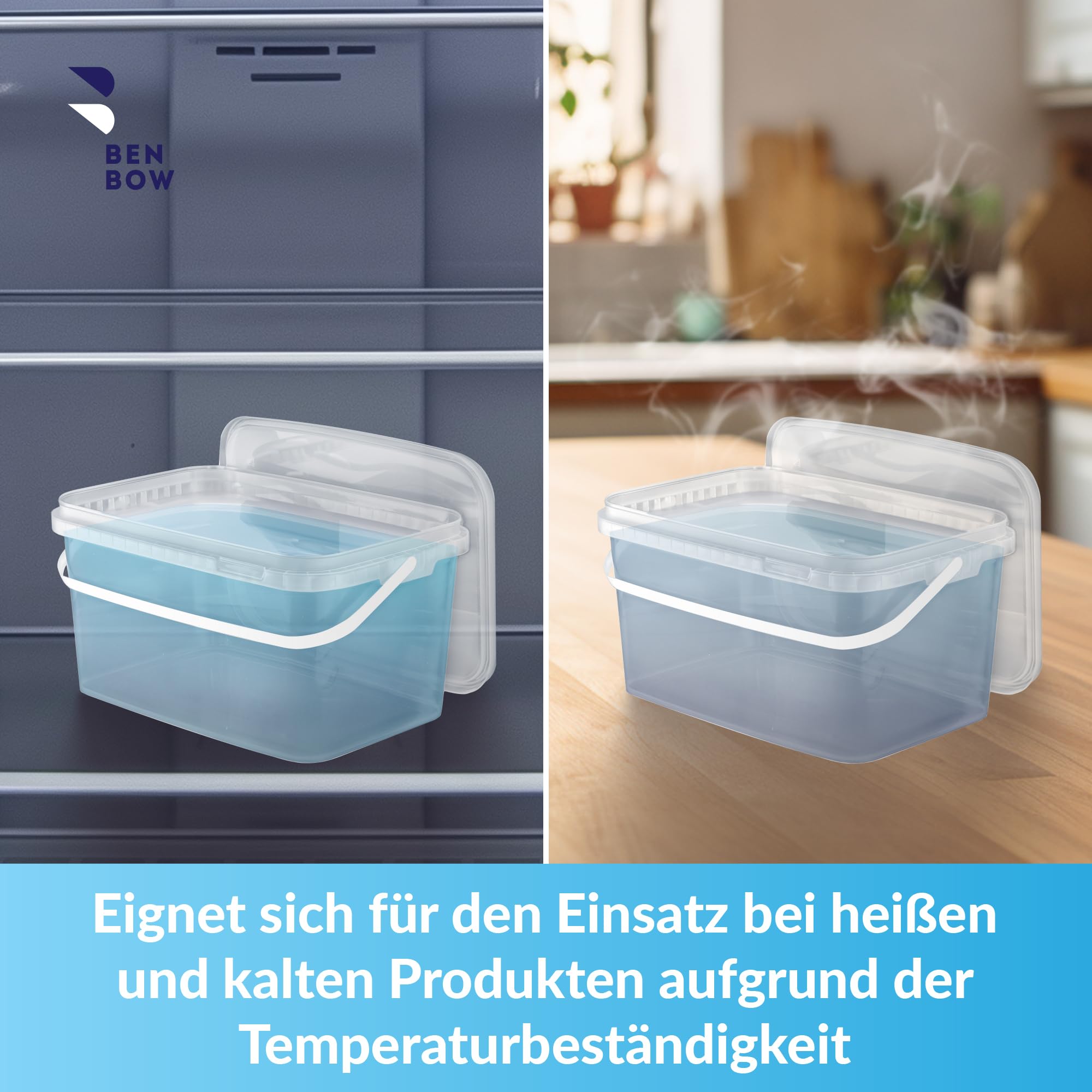 BenBow Rechteckiger Eimer mit Deckel 1000x 5l transparent - lebensmittelecht, stapelbare Kunststoffbox mit Henkel - luftdicht, auslaufsicher, geruchsneutral, ideal für Haushalt und Gewerbe - leer