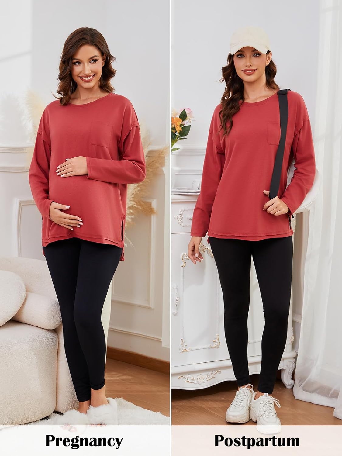 Ecavus Women's Oversized Maternity Shirts Long Sleeve Side Slit Pregnancy Tee with Pocket Fall Winter Mama Clothes - Image 2