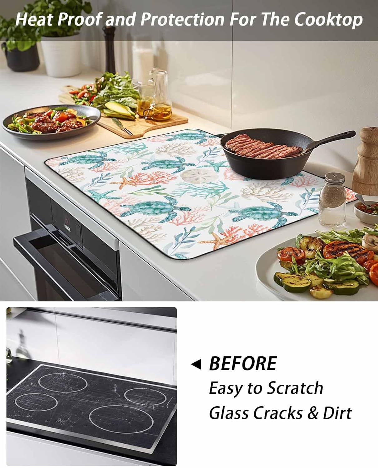 Stove Top Cover Teal Green Turtle Stove Cover for Electric Stove Top Starfish Coral Marine Life Glass Cooktop Covers Anti-Slip Mat Heat Resistant Countertop Protector Kitchen Decor 28.5"x20.5"