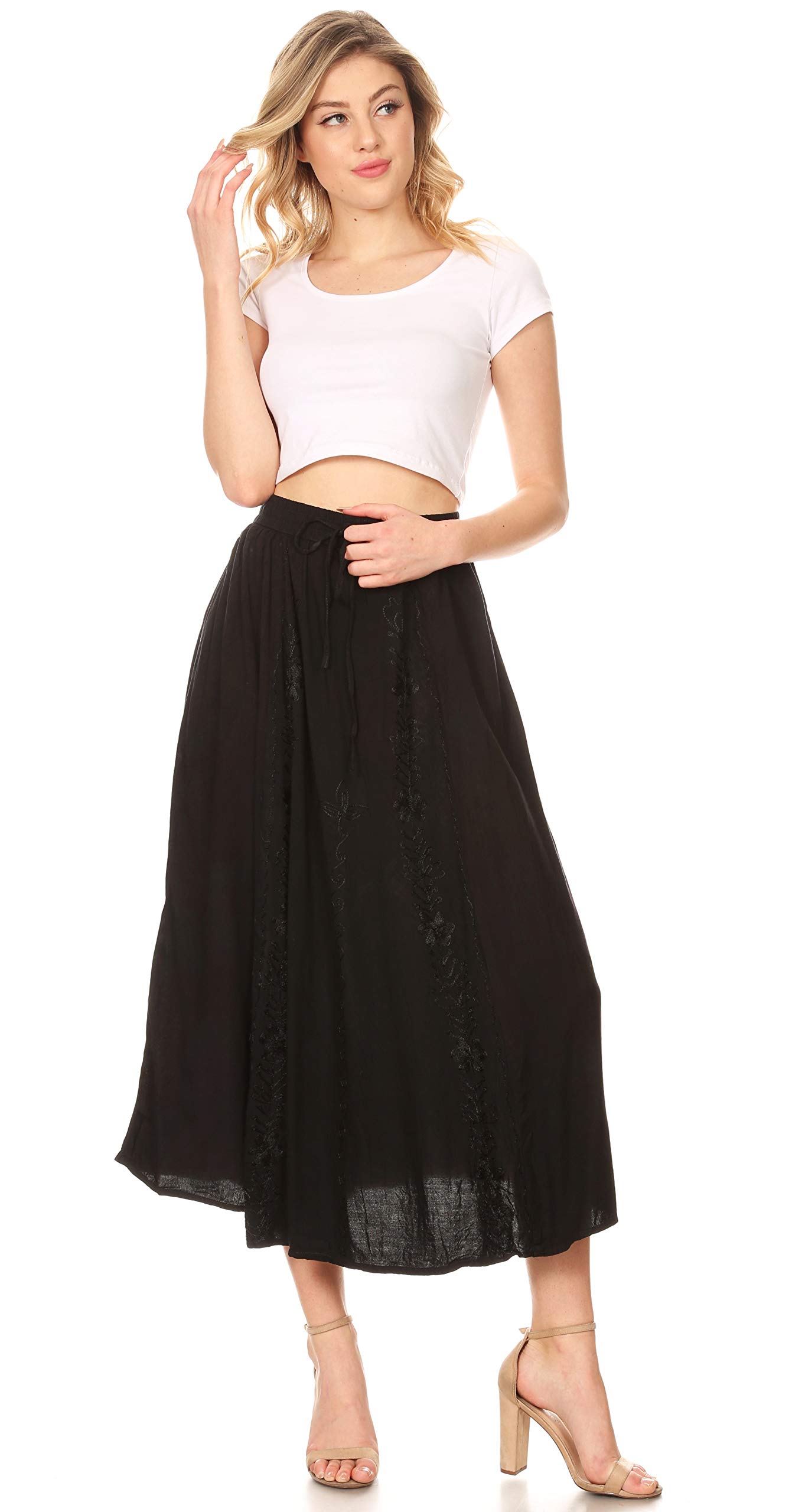 Sakkas Maran Frauen Boho Stickerei Rock mit elastischer Taille und Taschen