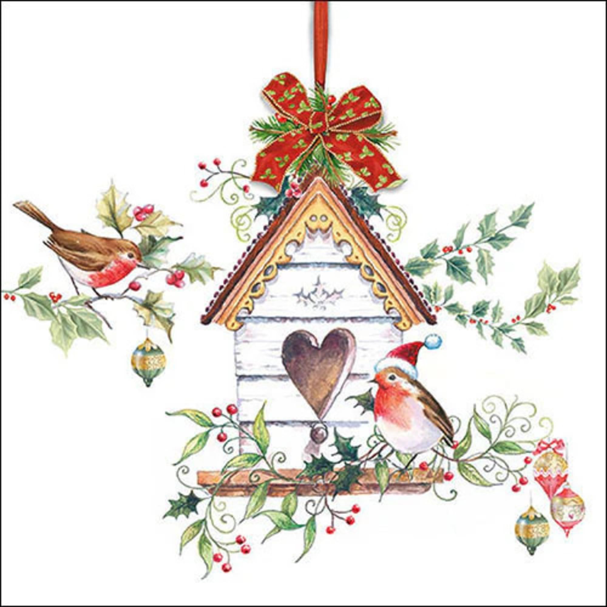 Set of 2 Individual Decoupage Paper Party Napkin Christmas Birdhouse Birds Watercolor Decor Luncheon Napkins for a Birthday Holiday, Wedding, Cocktail Party