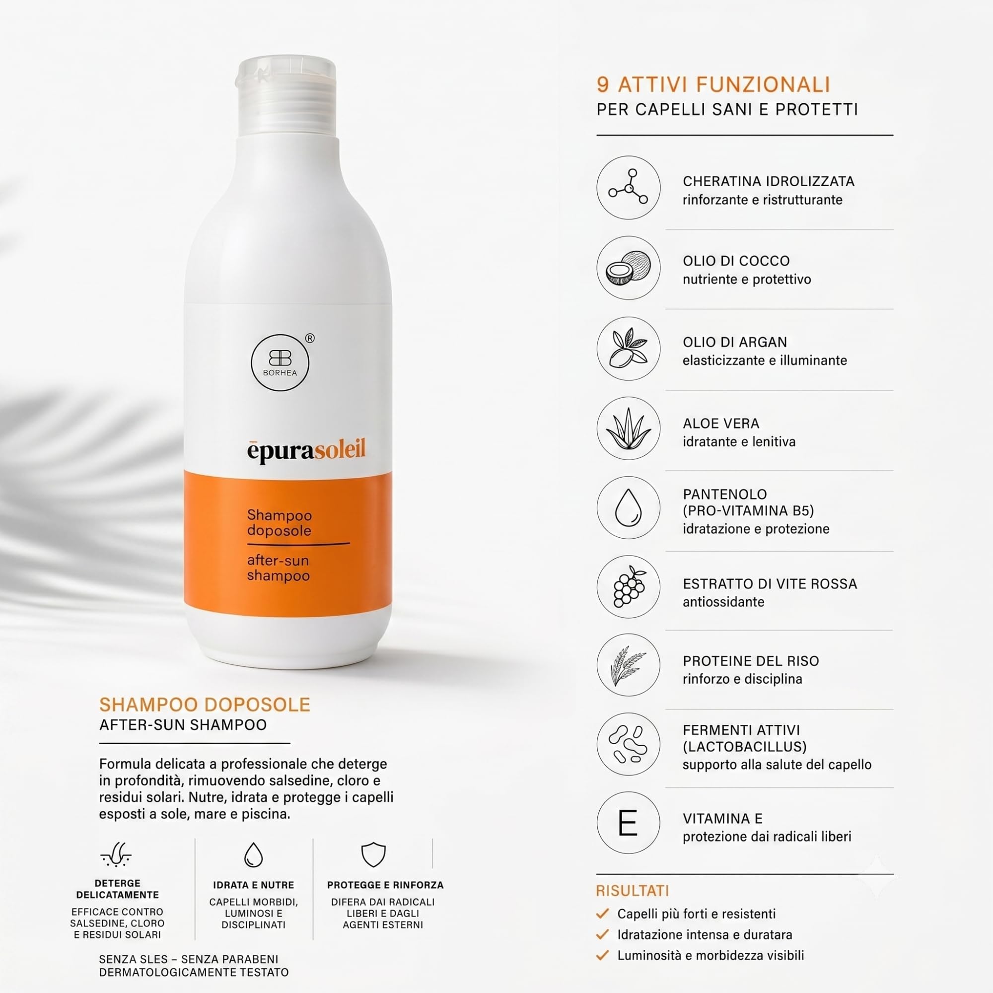ĒPURA SOLEIL Trattamento Solare Capelli Professionale - Shampoo Doposole Idratante o Spray Protezione Mare Bifasico Termoprotettore - Con Cheratina, Cocco e Argan, Senza SLES (Sun Ritual Kit)