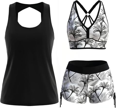 MODLILY Classic 3 Piece Tankini Swimsuits for Women with Board Shorts