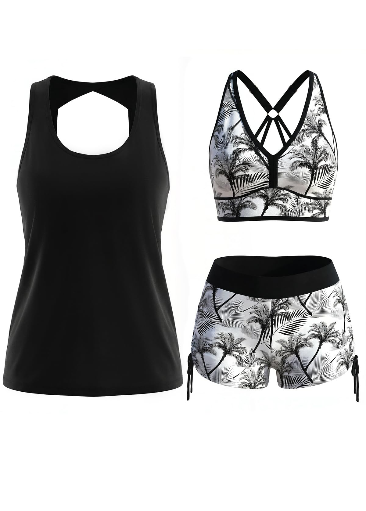Photo 1 of MODLILY Classic 3 Piece Tankini Swimsuits for Women, Solid Tank Top & Plants Print Sports Bra with Drawstring Board Shorts Black