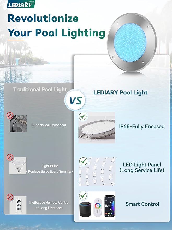 LEDIARY Luz para Piscina LED 120V 54W RGB Sumergible IP68 con Cable 50ft miniatura 4