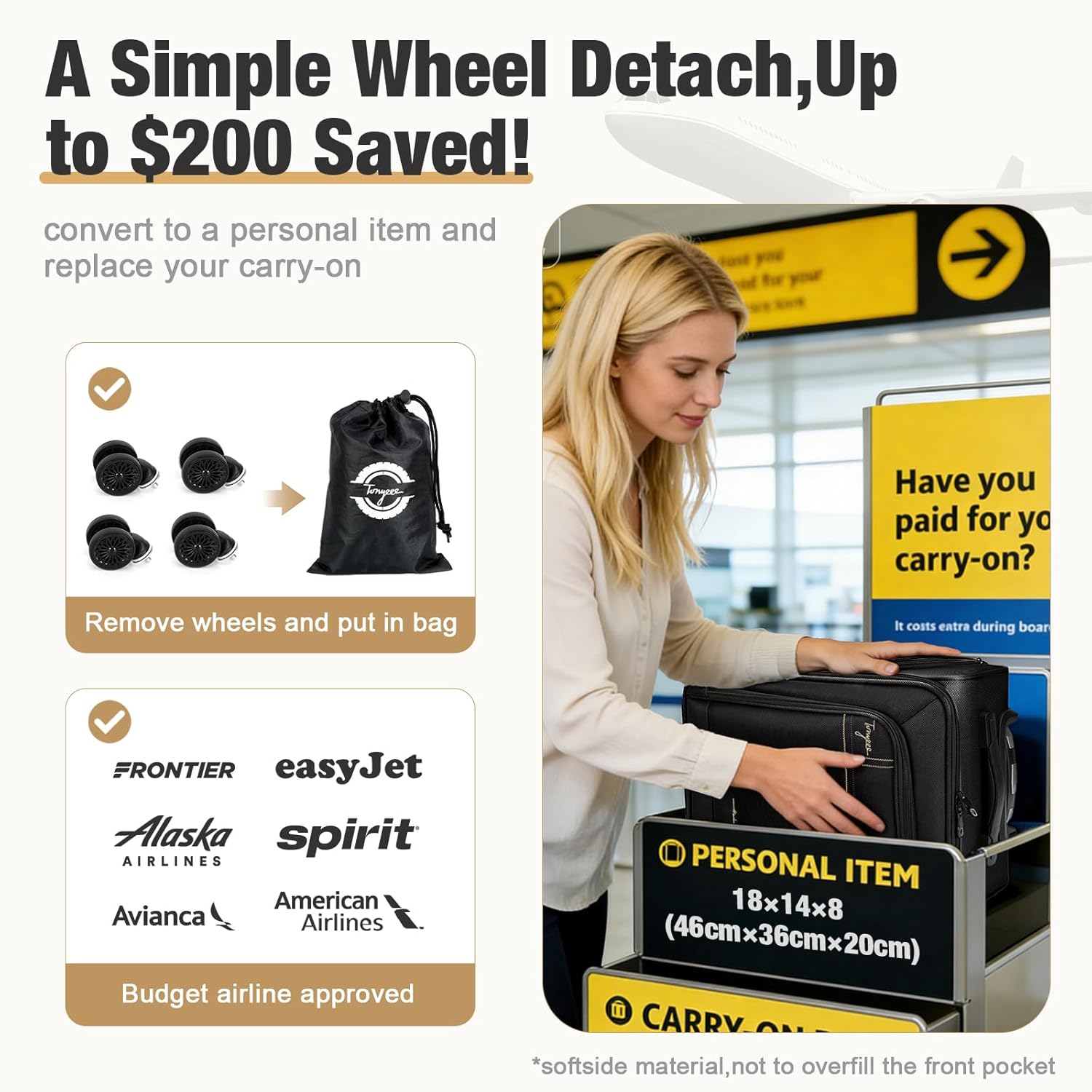 Softside Carry on Luggage Airline Approved, 17 Inch Underseat Carry-on Luggage with Removable Spinner Wheels, Small Personal Item Suitcase for Travel Business (Black, 17 inch_Underseat) - Image 4