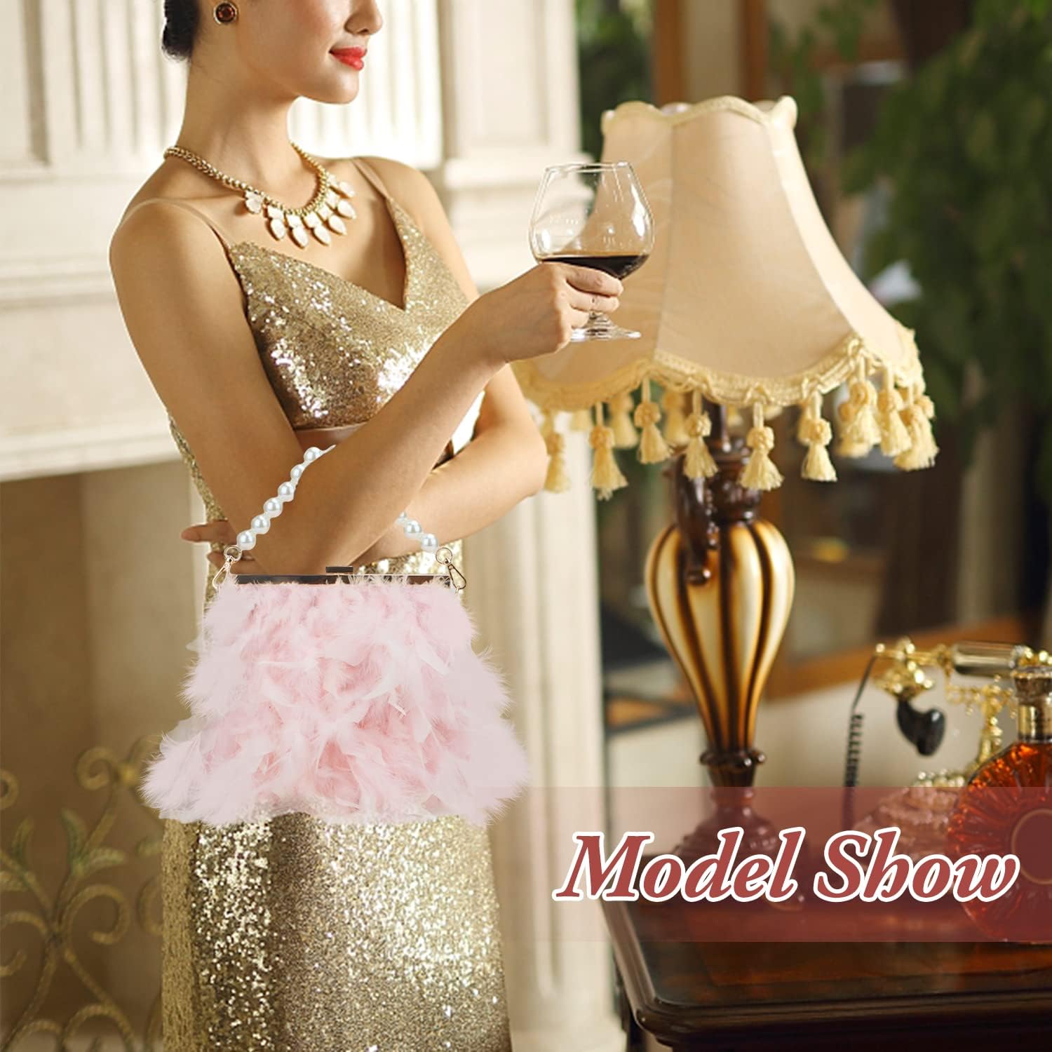 GOKTOW Feather Clutches Purses for Women Bag，Pearl Fluffy Evening Handbags for Wedding Anniversary Party