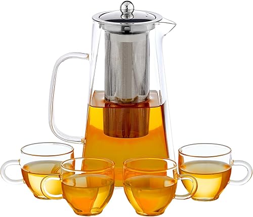 Miniatura 5 de Juego de 5 piezas de tetera de vidrio con infusores y 4 tazas de té para tetera suelta, tetera segura, hervidor de agua extraíble