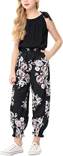 Girls Rompers Halter Tie Up Sleeveless Casual Jumpsuits Floral Printed Long Pants with 2 Pockets 3-12Y