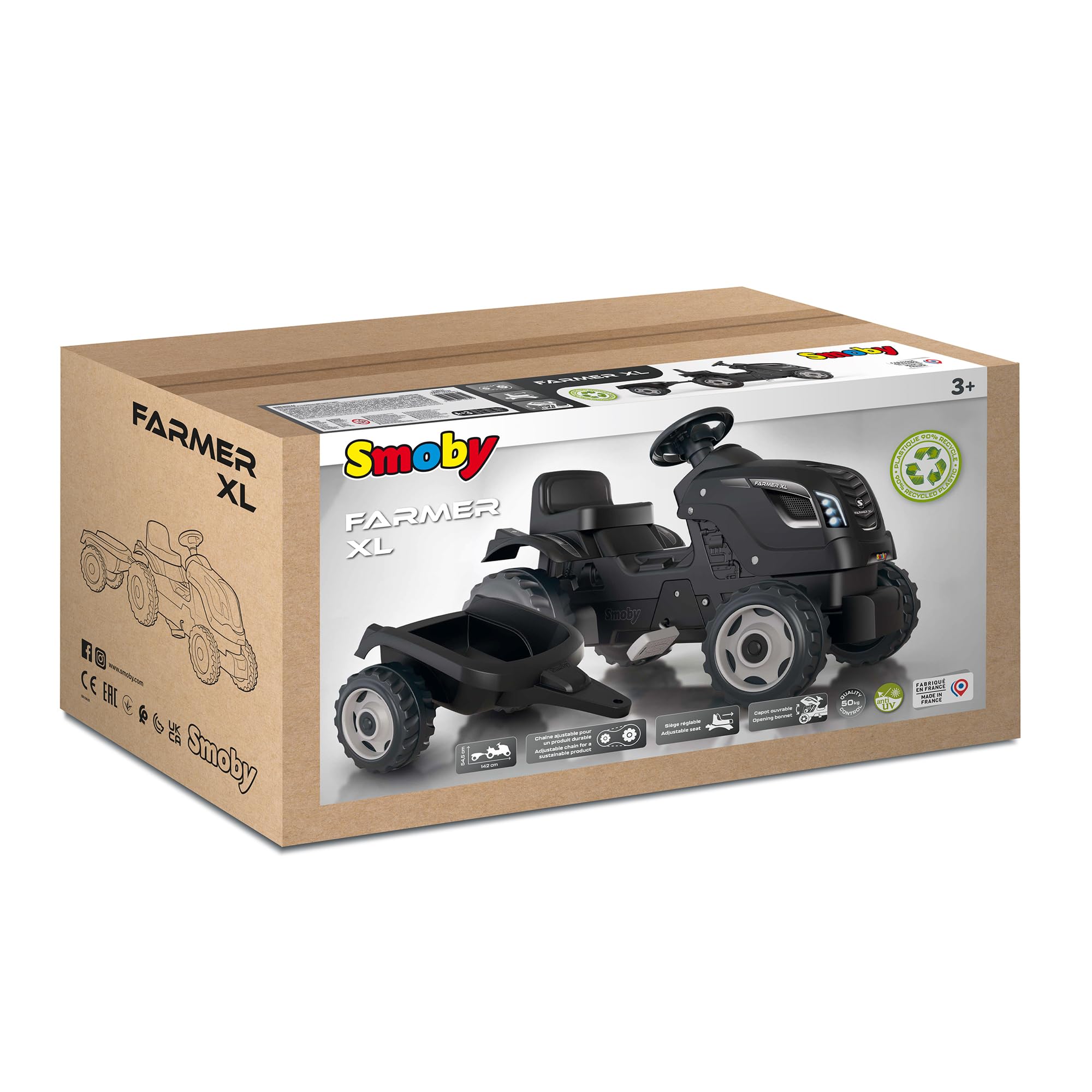 Smoby - Farmer XL Czarny Traktor + Przyczepa - Traktor na pedały dla dzieci - Regulowane Siedzenie - Kierownica z Klaksonem - Otwierana Maska - Od 3 Lat - Wyprodukowano We Francji