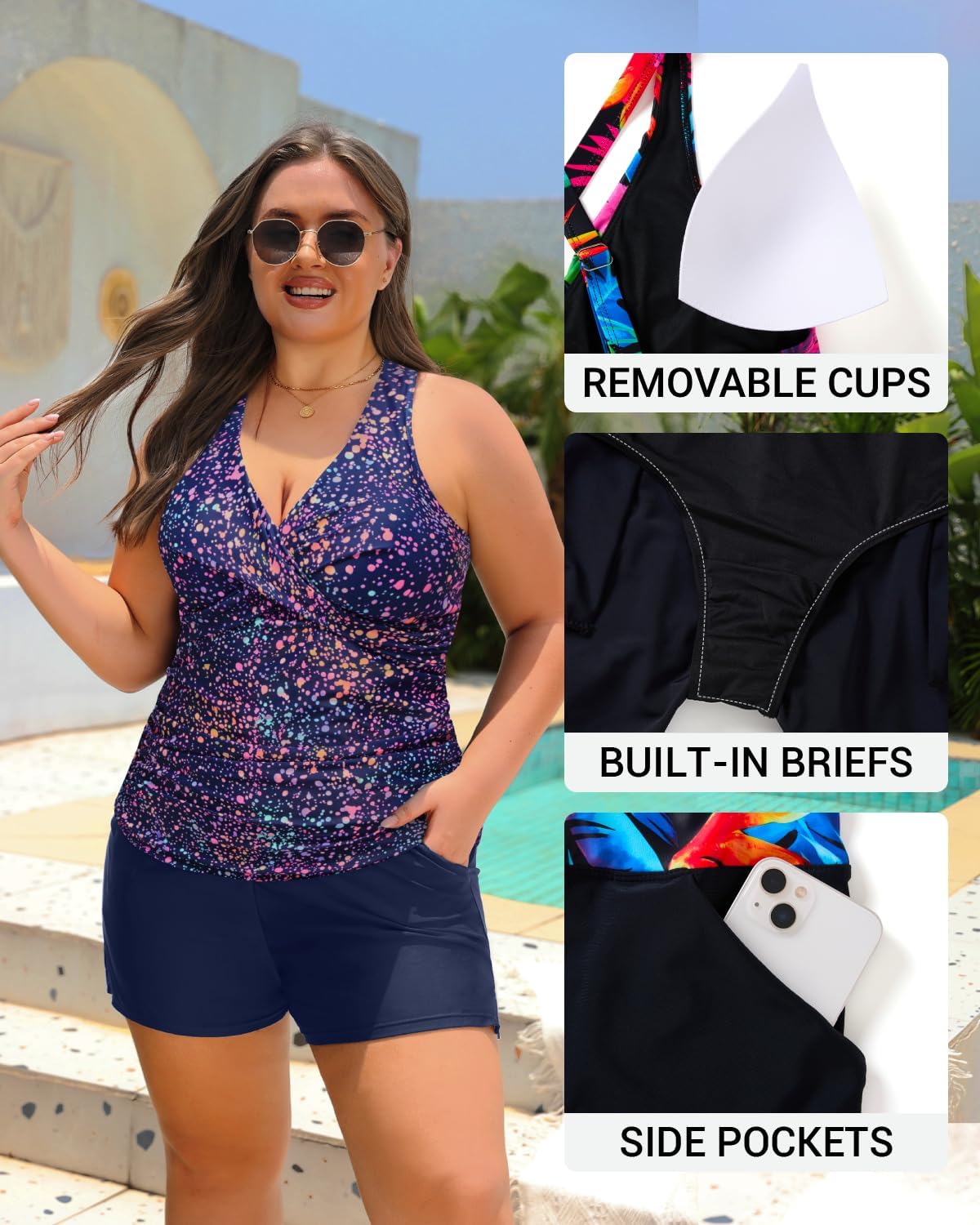 Daci Plus Size Tankini Swimsuit for Women - Two Piece Tummy Control Bathing Suit Tankini Top with Two Pockets Shorts - Image 5